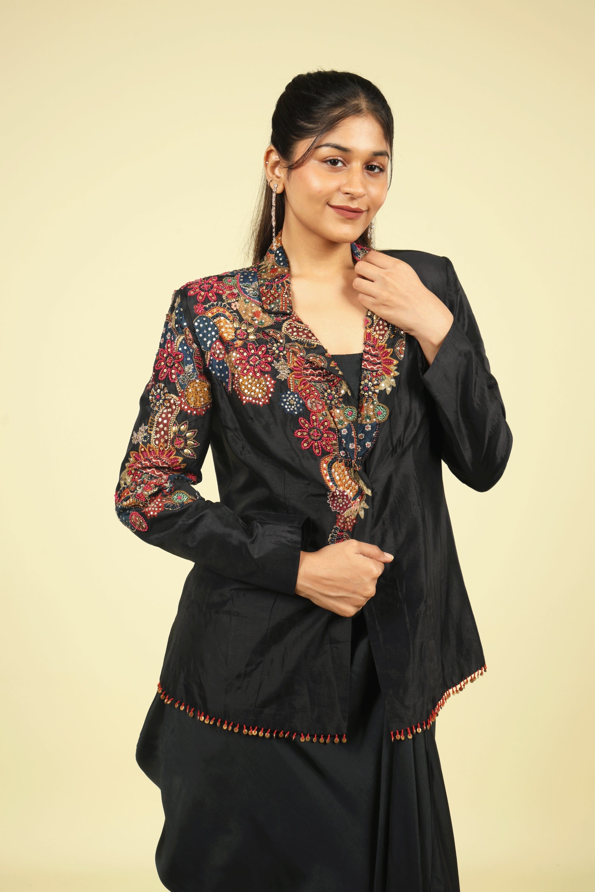 Black Silk Blazer & Draped Skirt Set with Pearl & Sequin Embroidery - Mokshaa