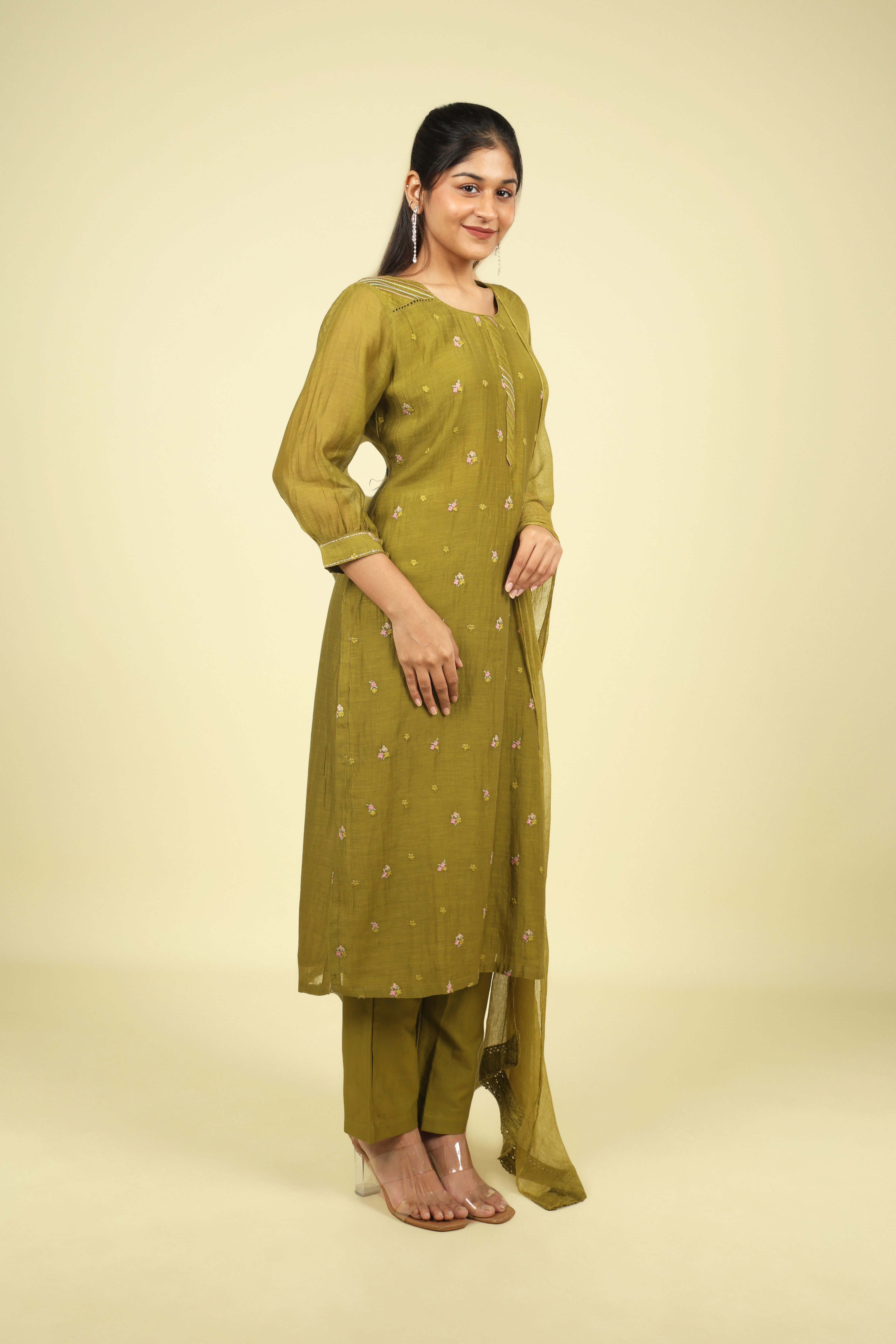 Olive Green Mul Chanderi Straight Cut Salwar Set with Chiffon Dupatta