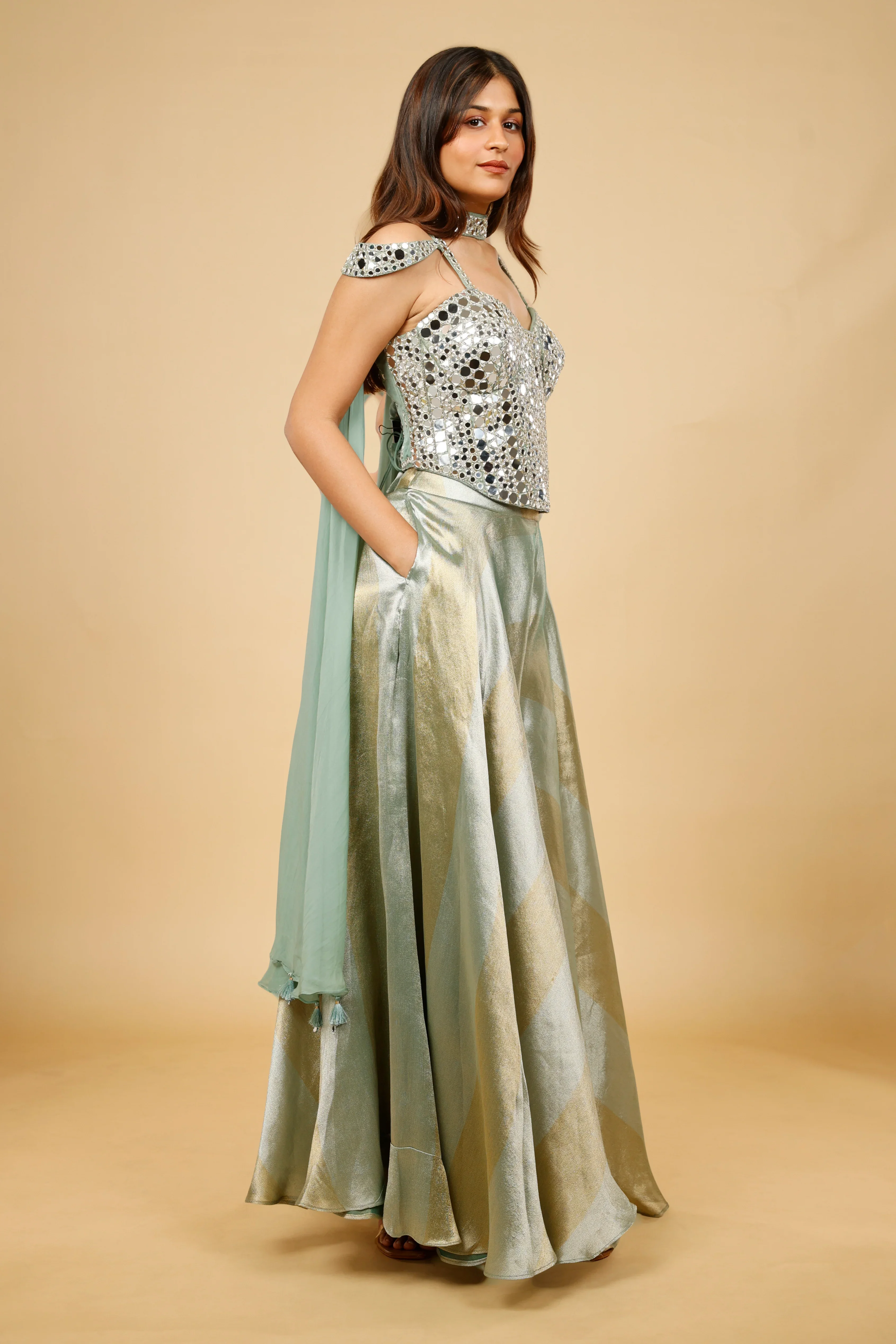 Sage Green Banarasi Tissue Corset Palazzo Set with Mirror Embroidery - Mokshaa