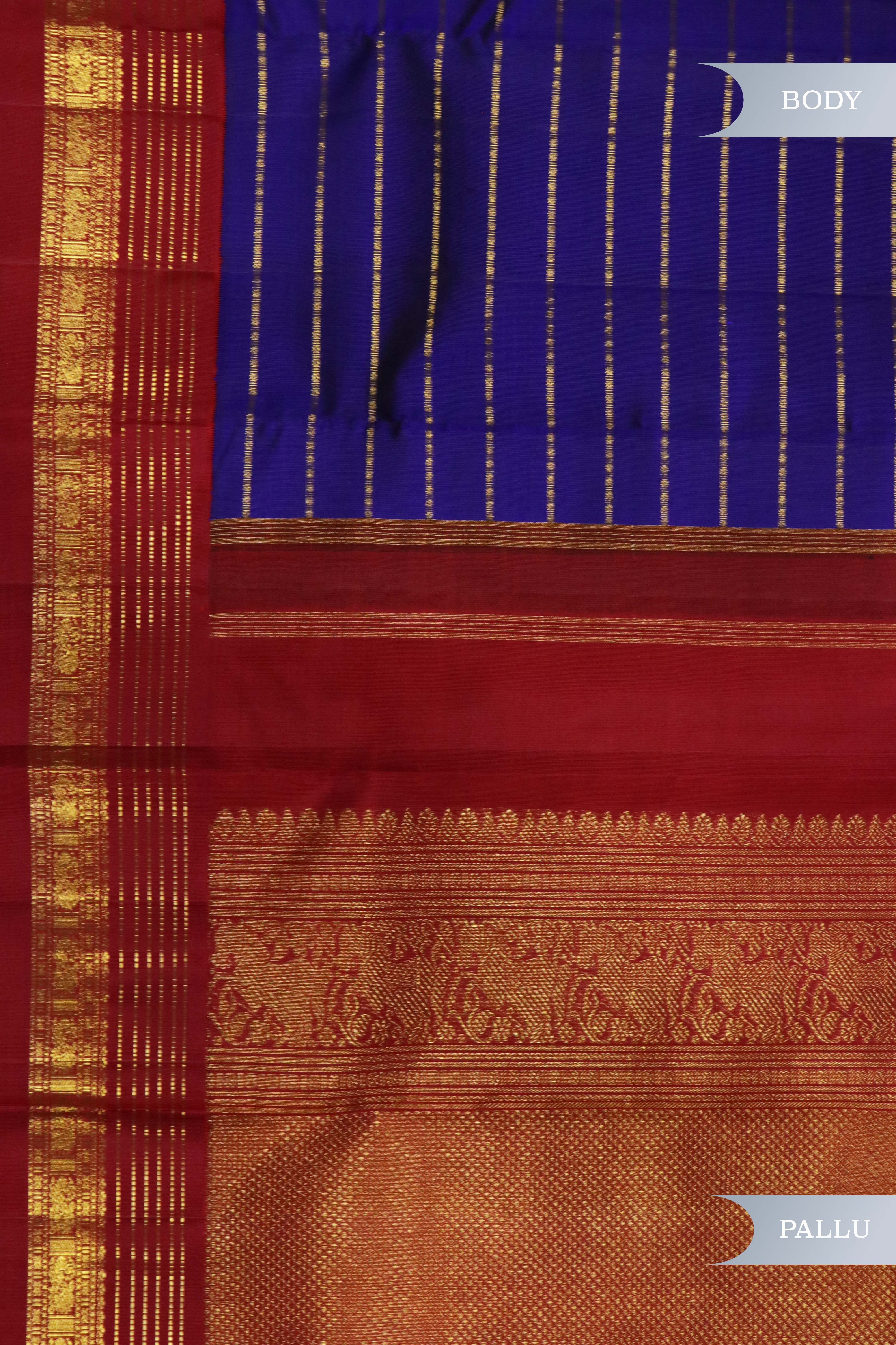 Royal Blue Kanchipuram Silk Saree with Zari Stripes and Contrast Border