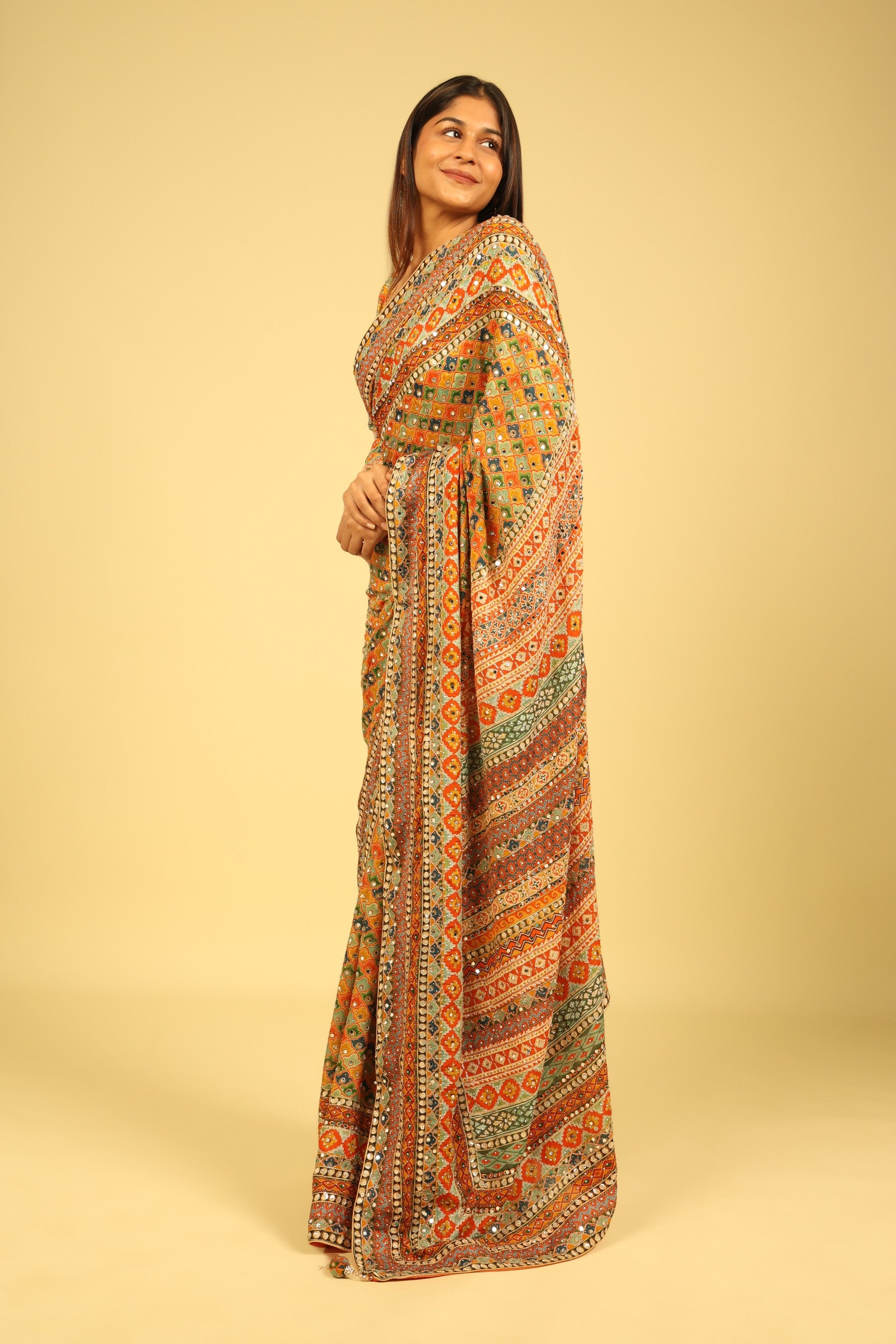 Multicolour Soft Georgette Saree with Digital Print, Sequin & Mirror Highlights