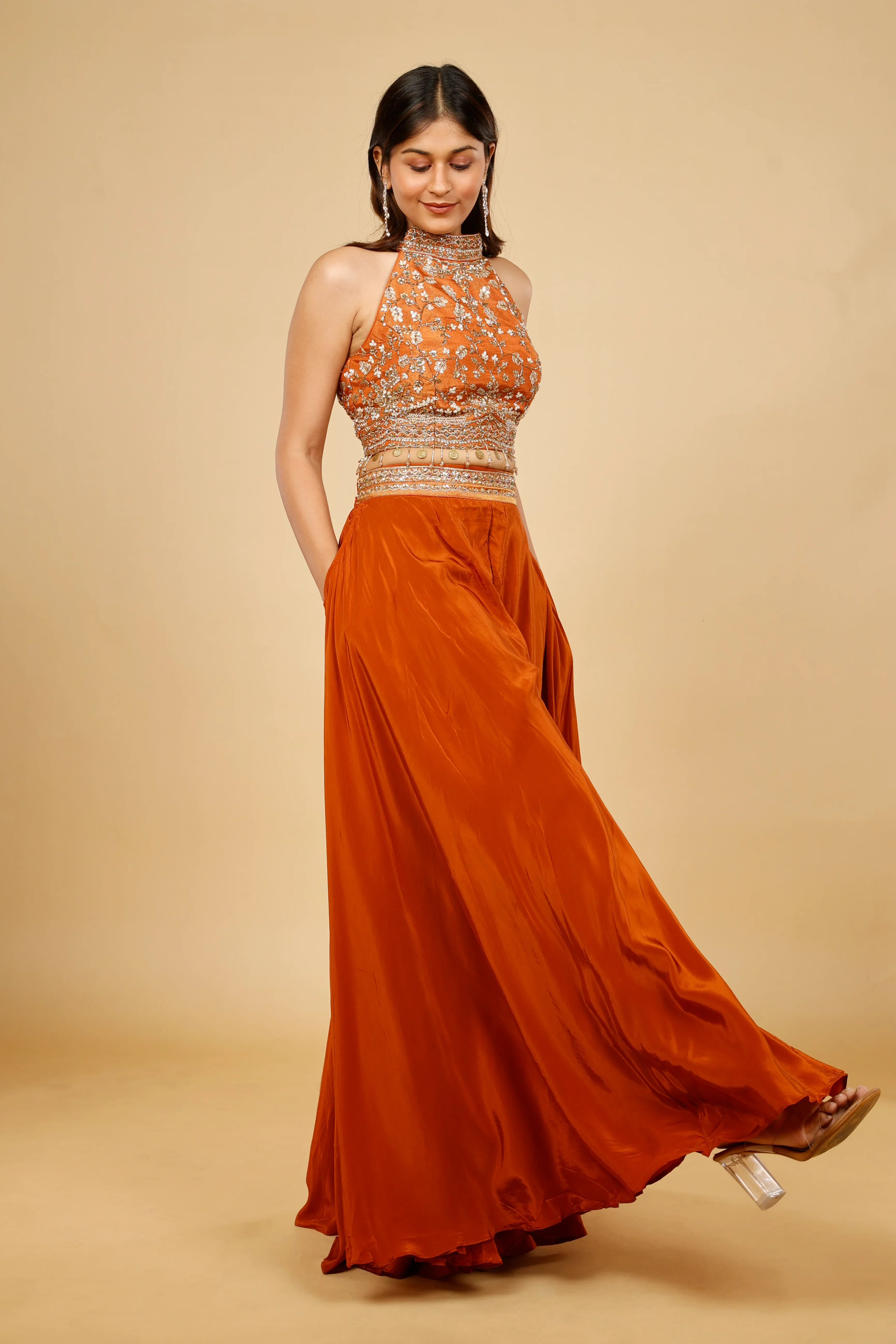 Rust Orange Crepe Silk Crop Top Palazzo Set with Sequin, Cutdana & Pearl Embroidery - Mokshaa
