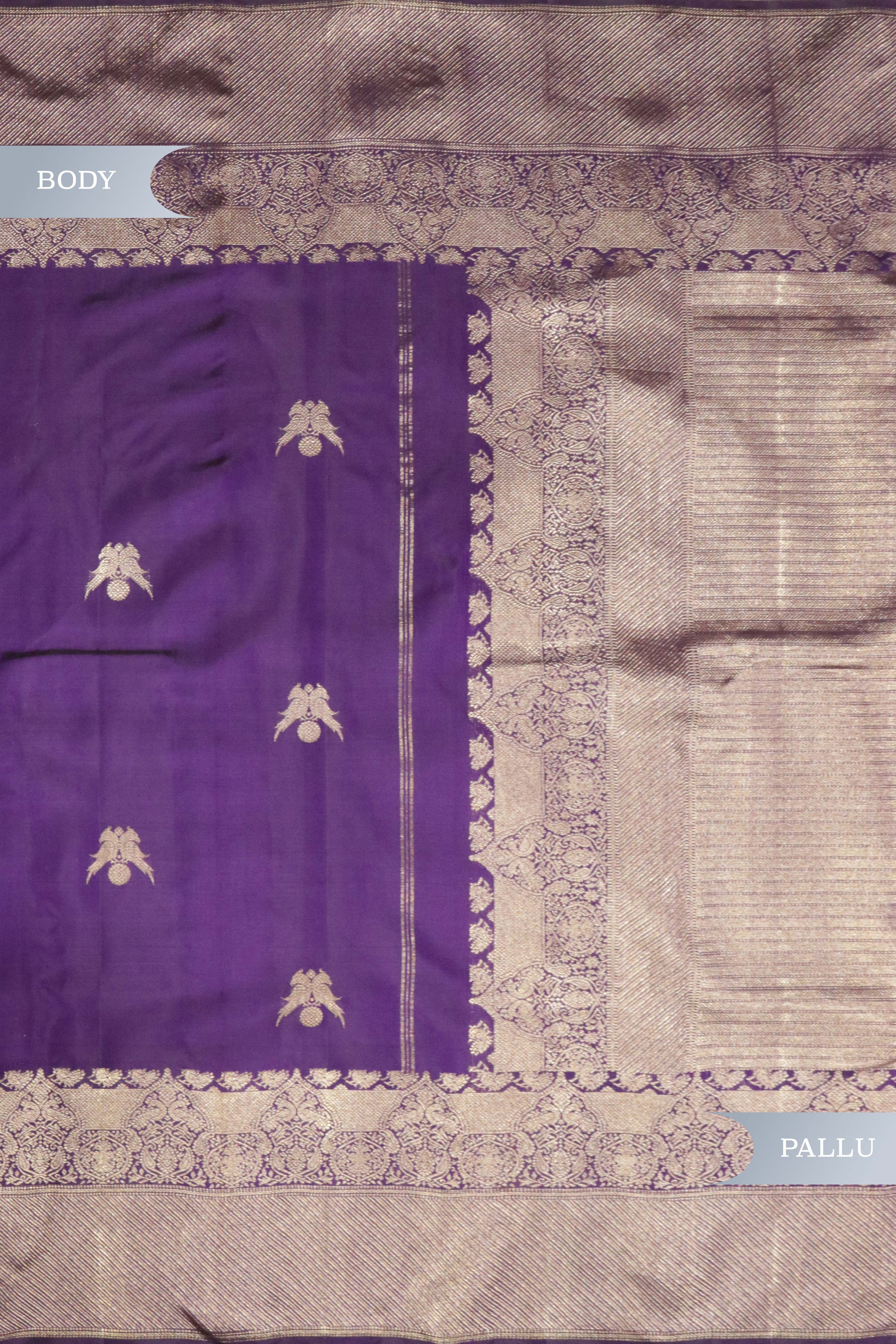 Purple Kanchipuram Silk Saree with Parrot Zari Motifs & Zari Weaving Border