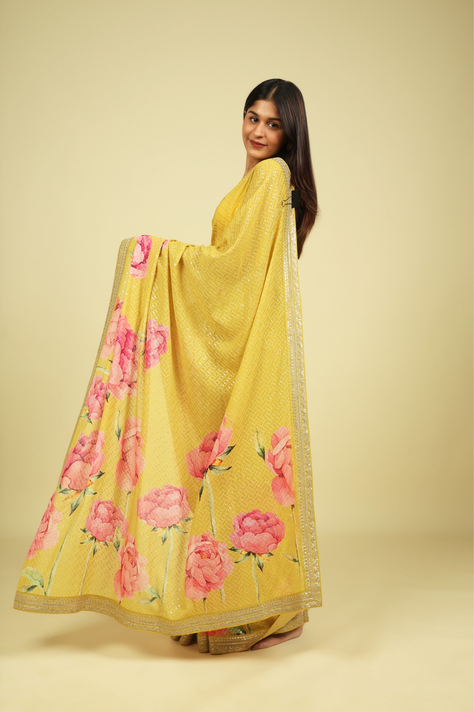 Lime Yellow Georgette Saree with Thread & Sequin Work and Digital Print Border