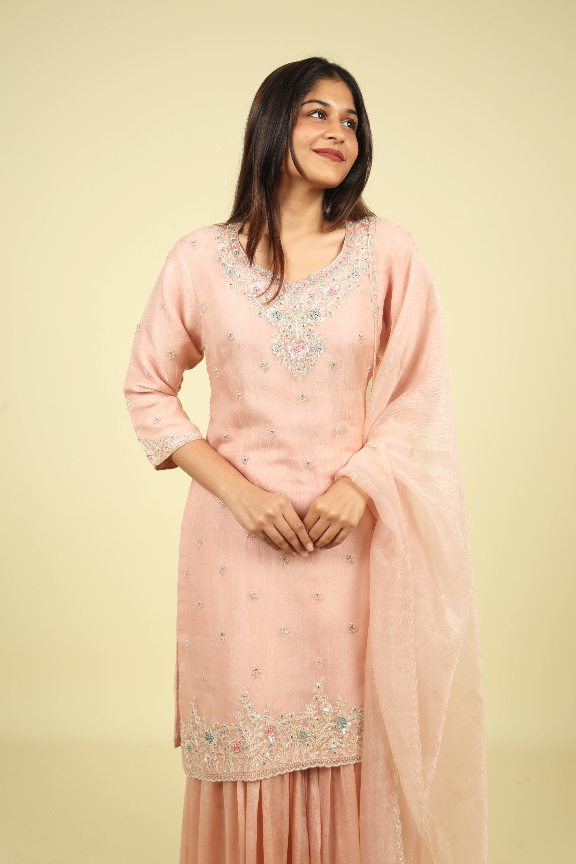 Pink Embroidered Crush Tissue Sharara Set