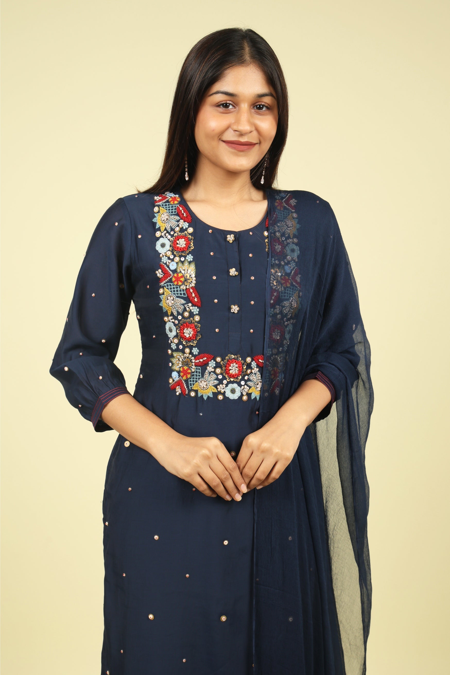 Navy Embroidered Mul Chanderi Salwar Suit