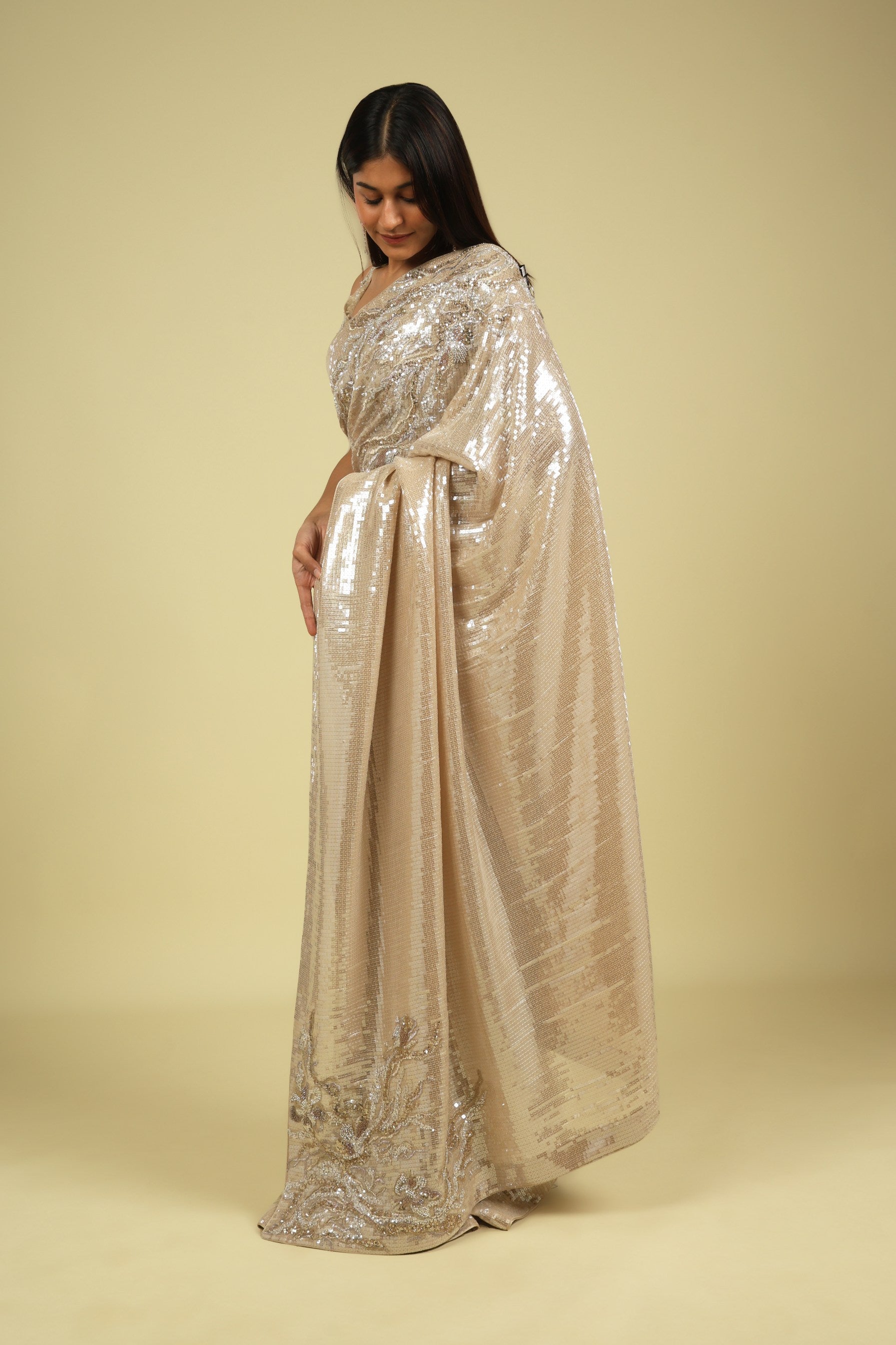 Beige Net Saree with All-Over Self Sequins & Fancy Sequin Border