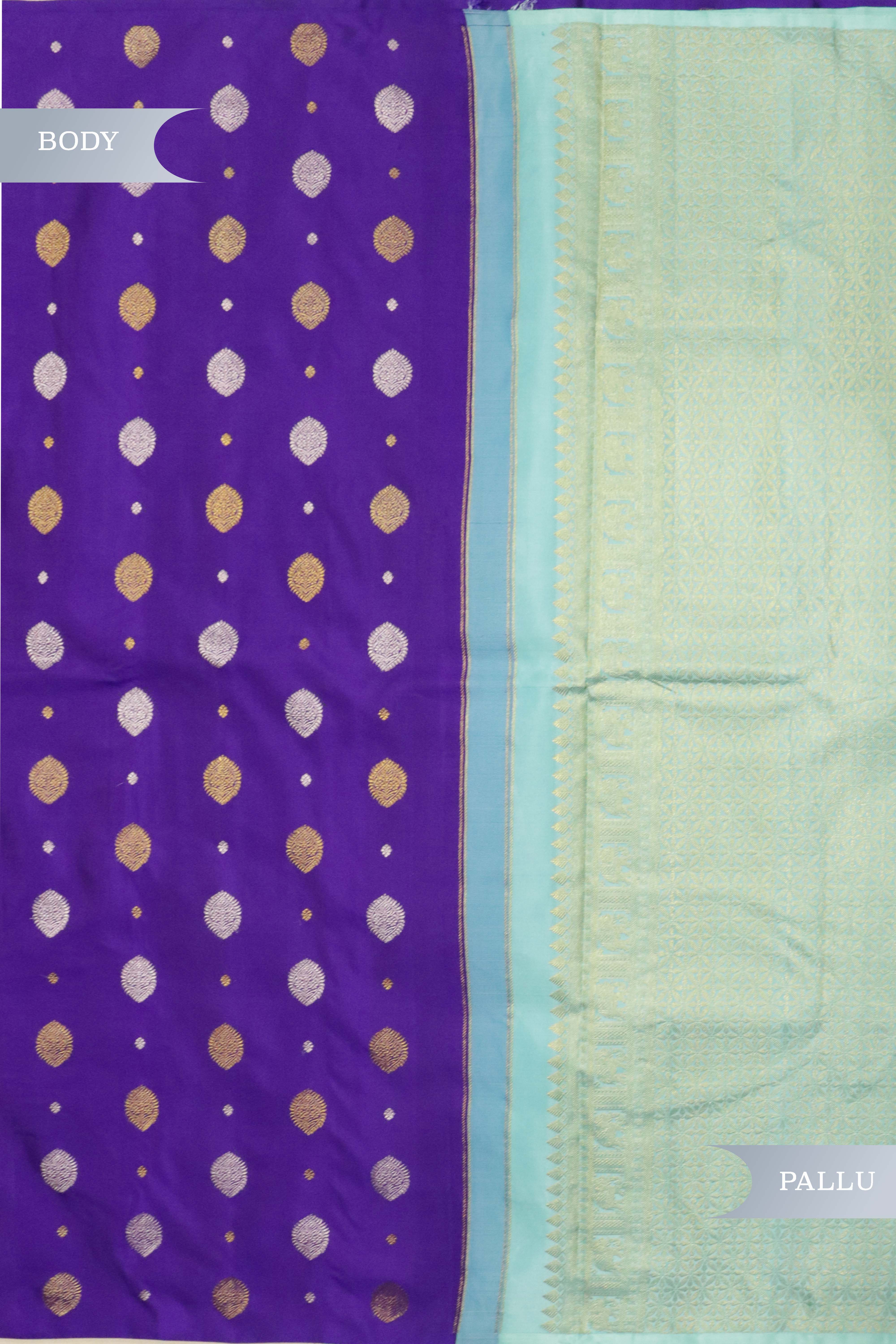 Ink Blue Kanchipuram Silk Saree with Gold & Silver Motifs and Contrast Light Blue Pallu