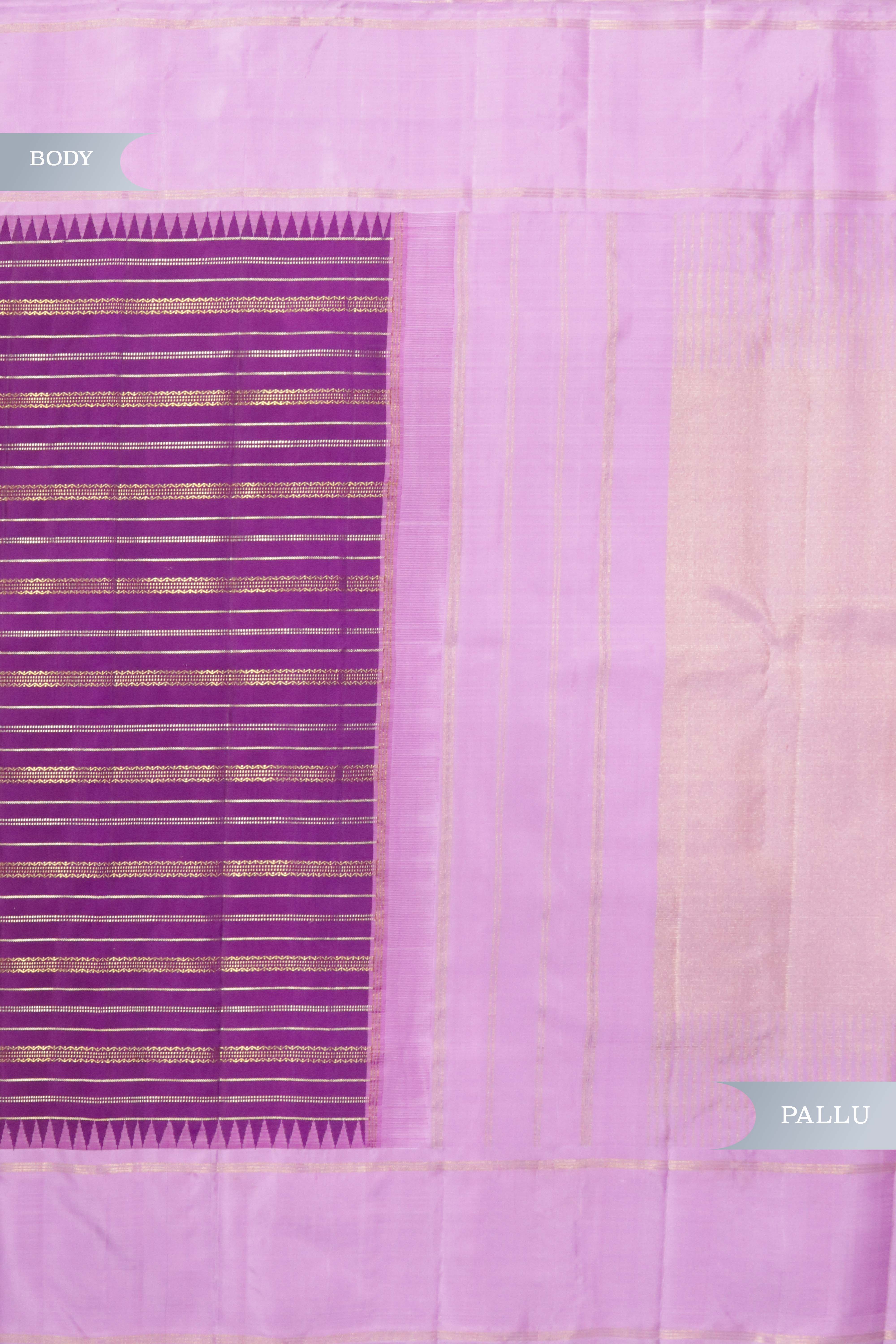 Purple Kanchipuram Silk Saree with Gold & Silver Zari Stripes and Contrast Silk Border