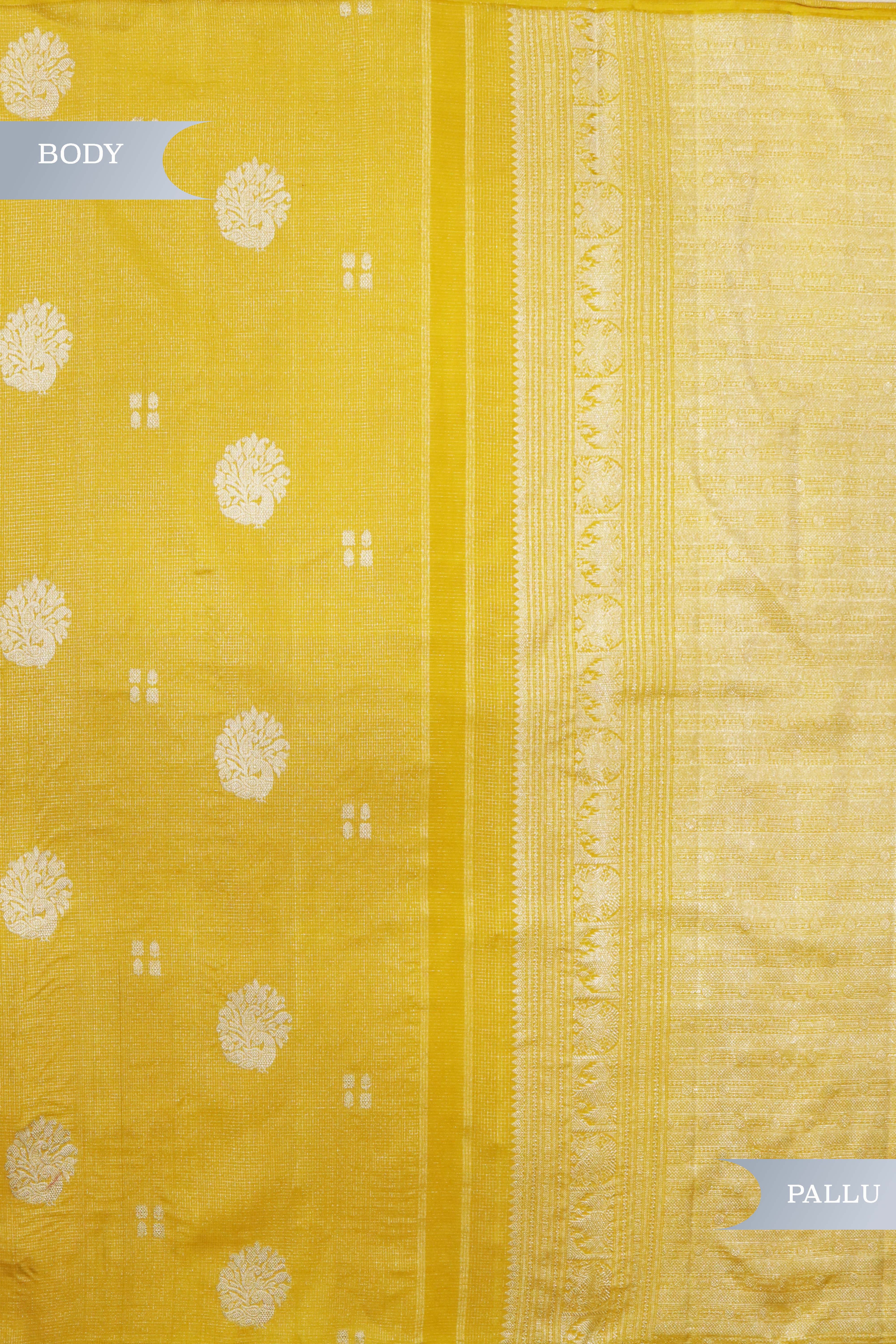 Yellow Kanchipuram Silk Saree with Small Silver Zari Checks & Motifs