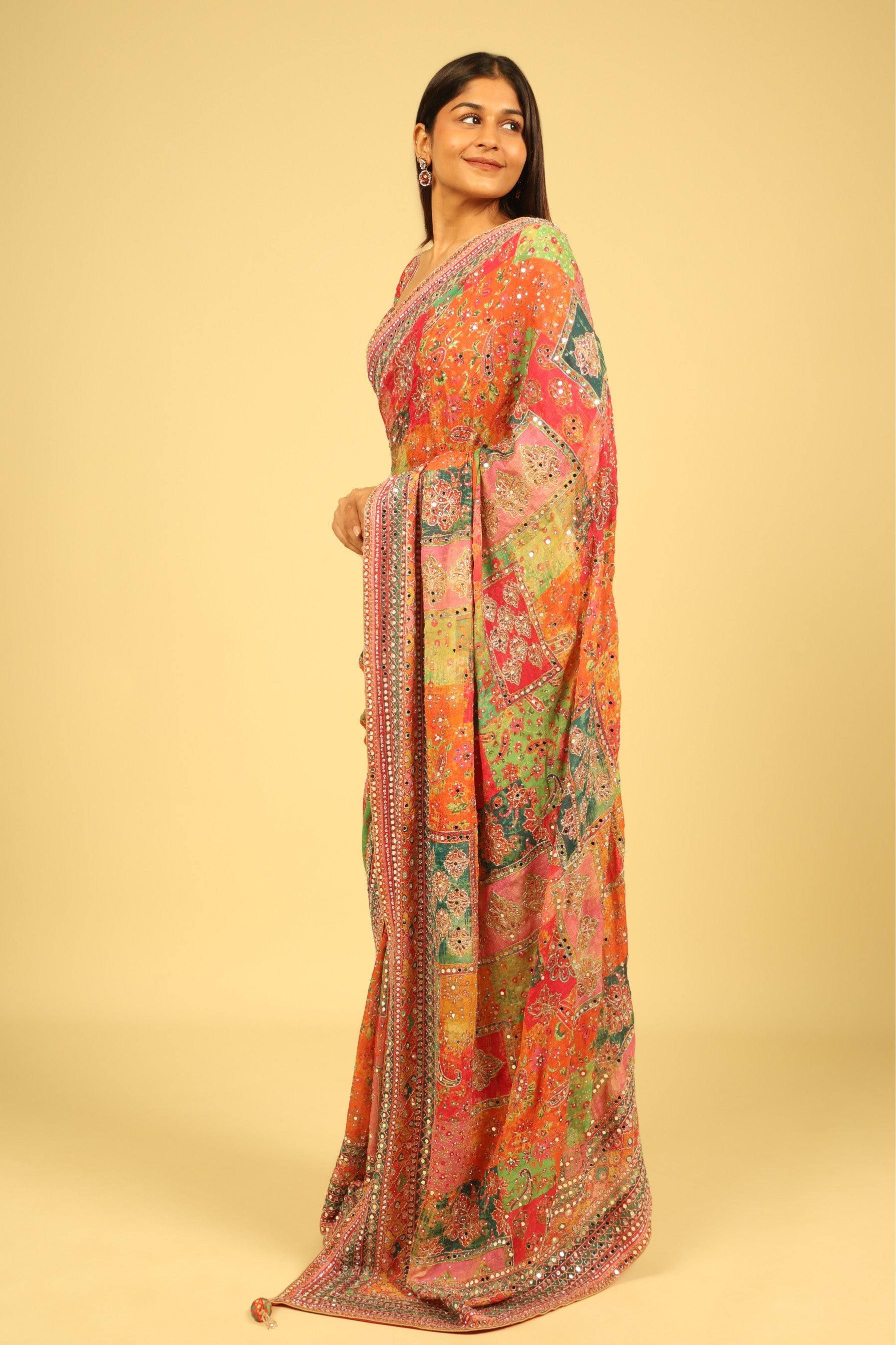 Multicolour Soft Georgette Saree with Digital Print, Sequin & Mirror Highlights