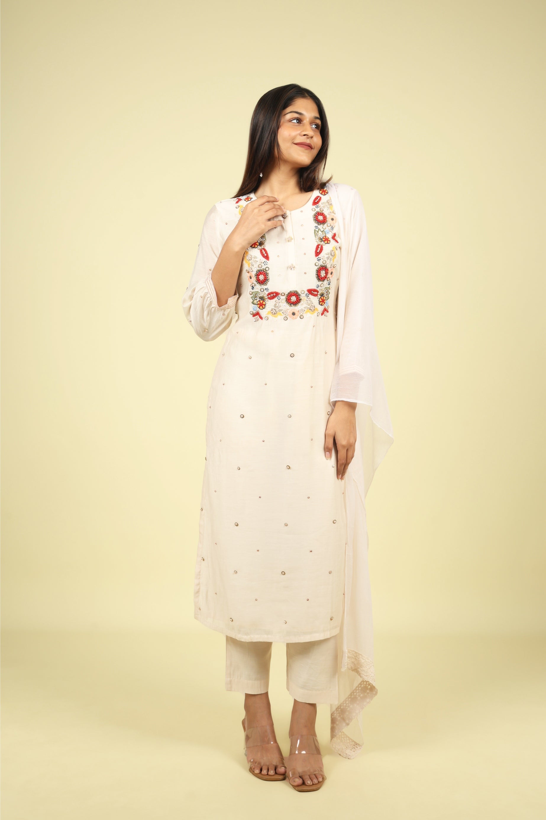 Cream Mul Chanderi Straight Cut Salwar Suit with Chiffon Dupatta