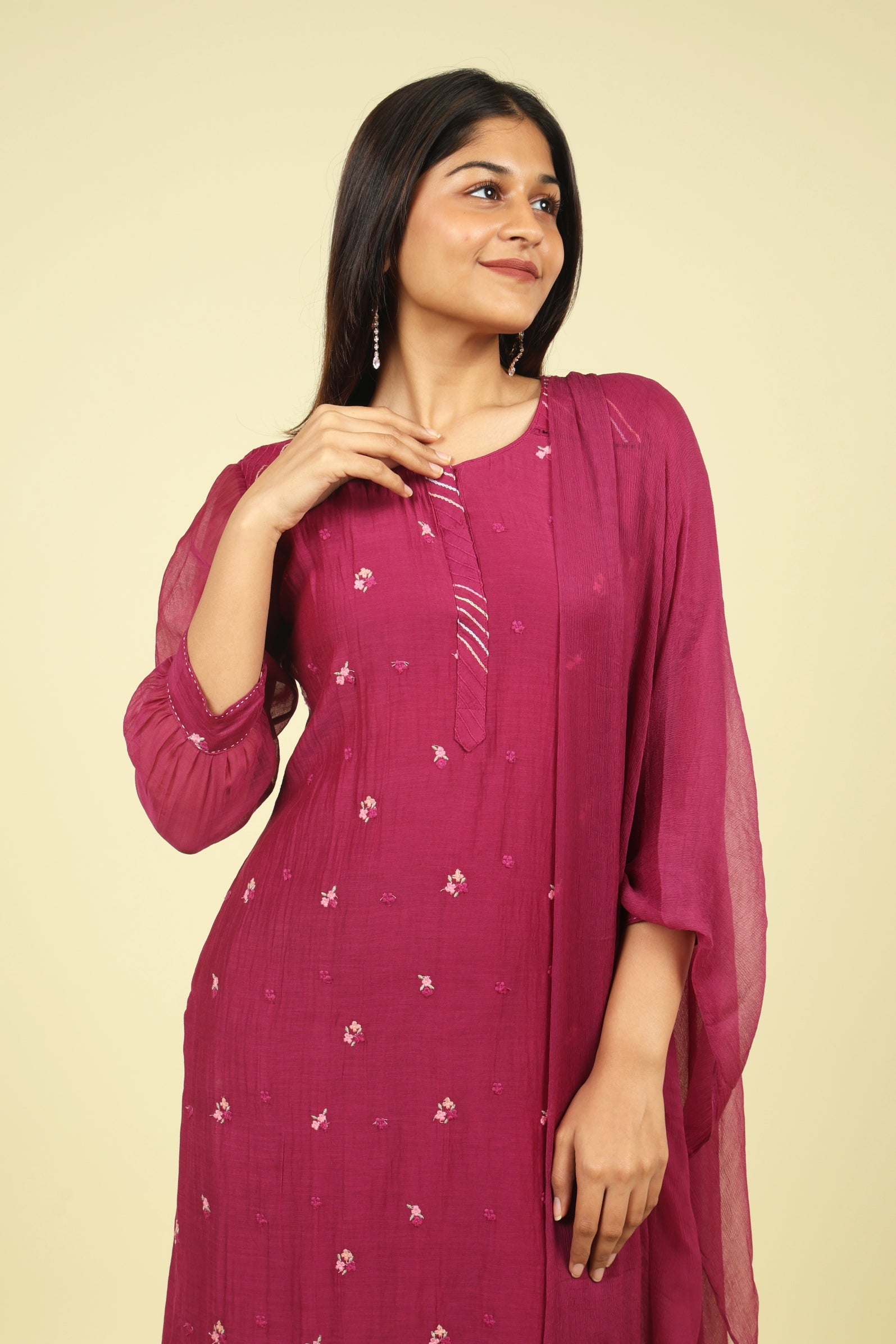 Magenta Mul Chanderi Straight Cut Salwar Set with Chiffon Dupatta