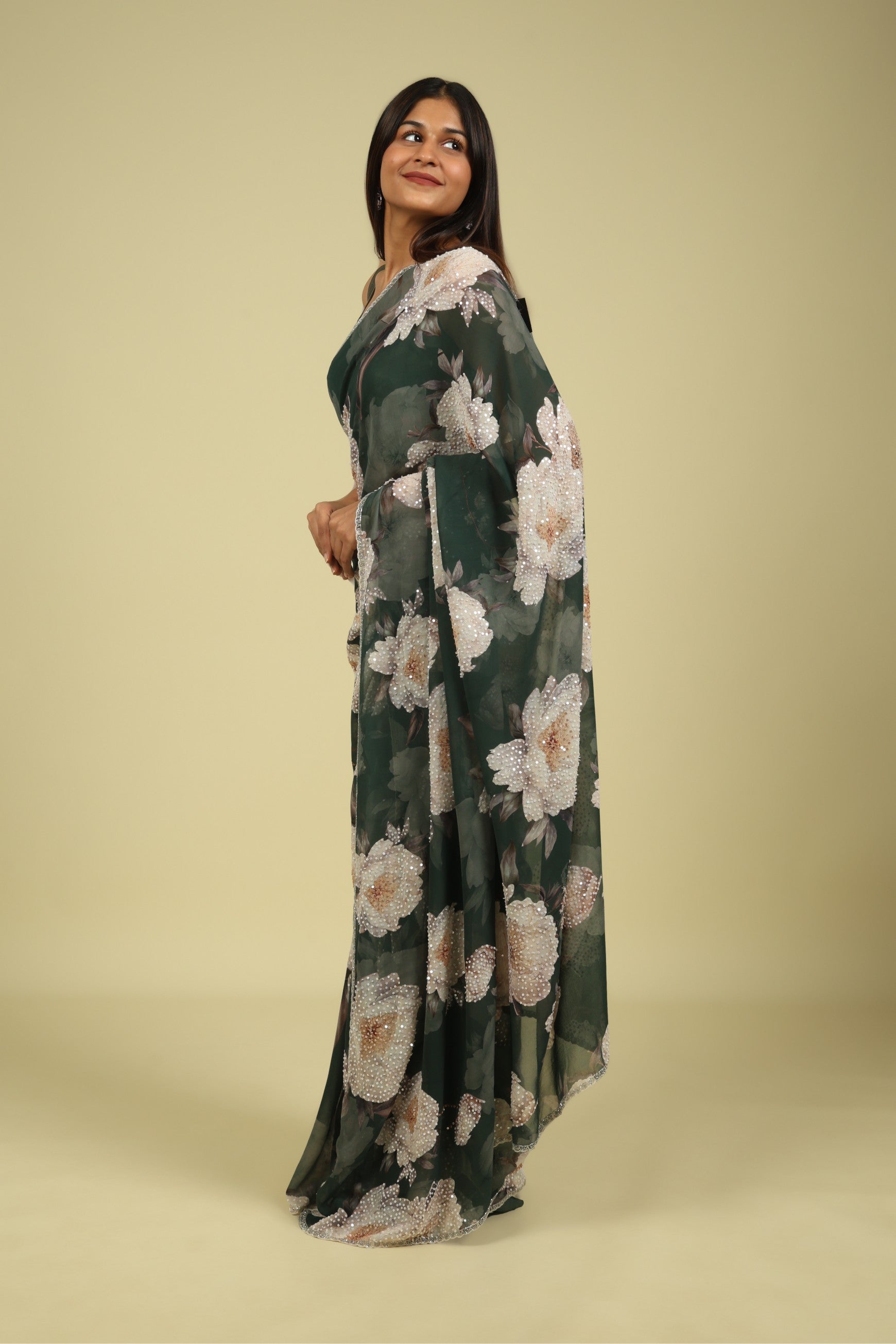 Dusty Green Saree with All-Over Digital Print & Sequin Highlights