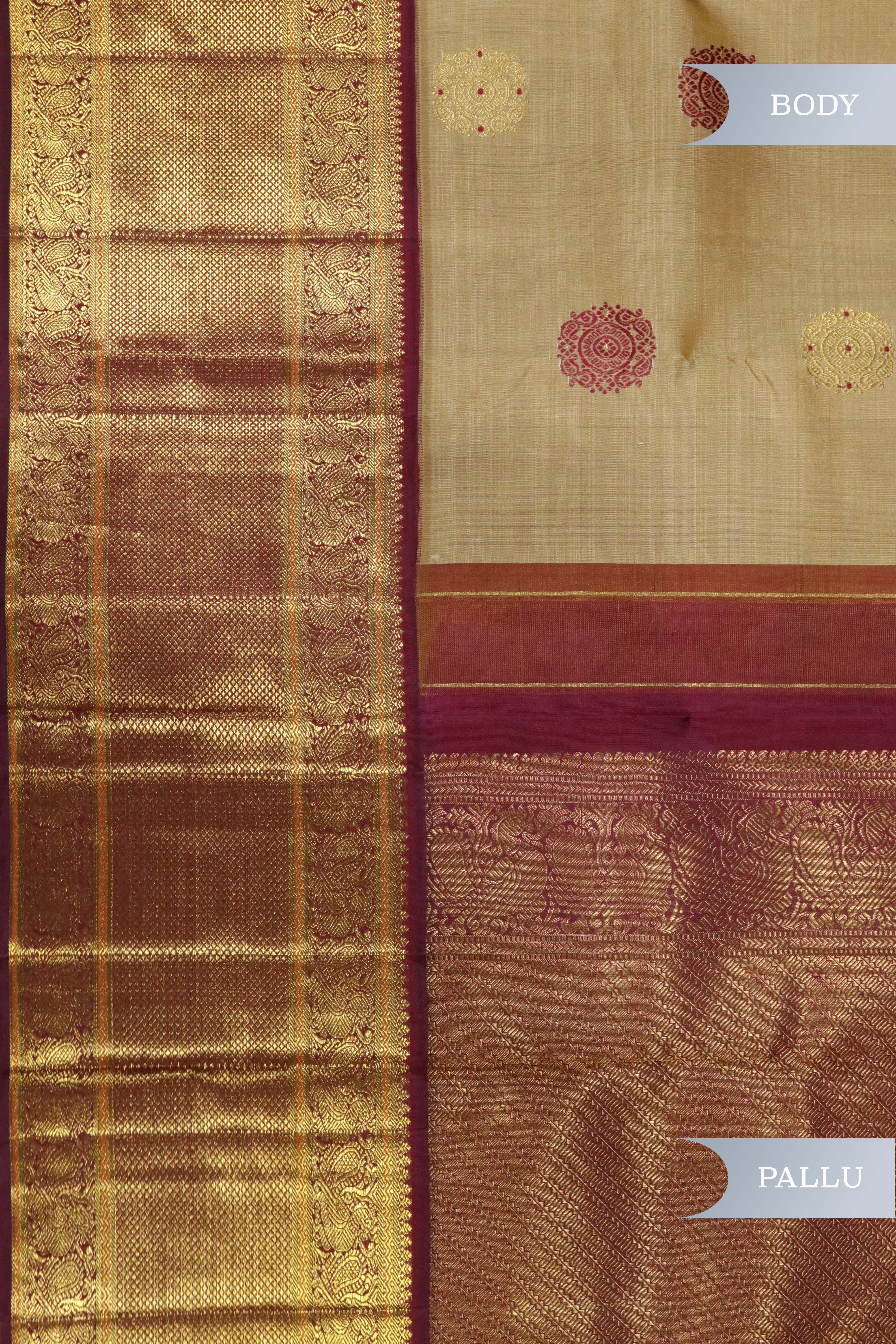 Beige Kanchipuram Silk Saree with Zari & Thread Motifs and Contrast Zari Border