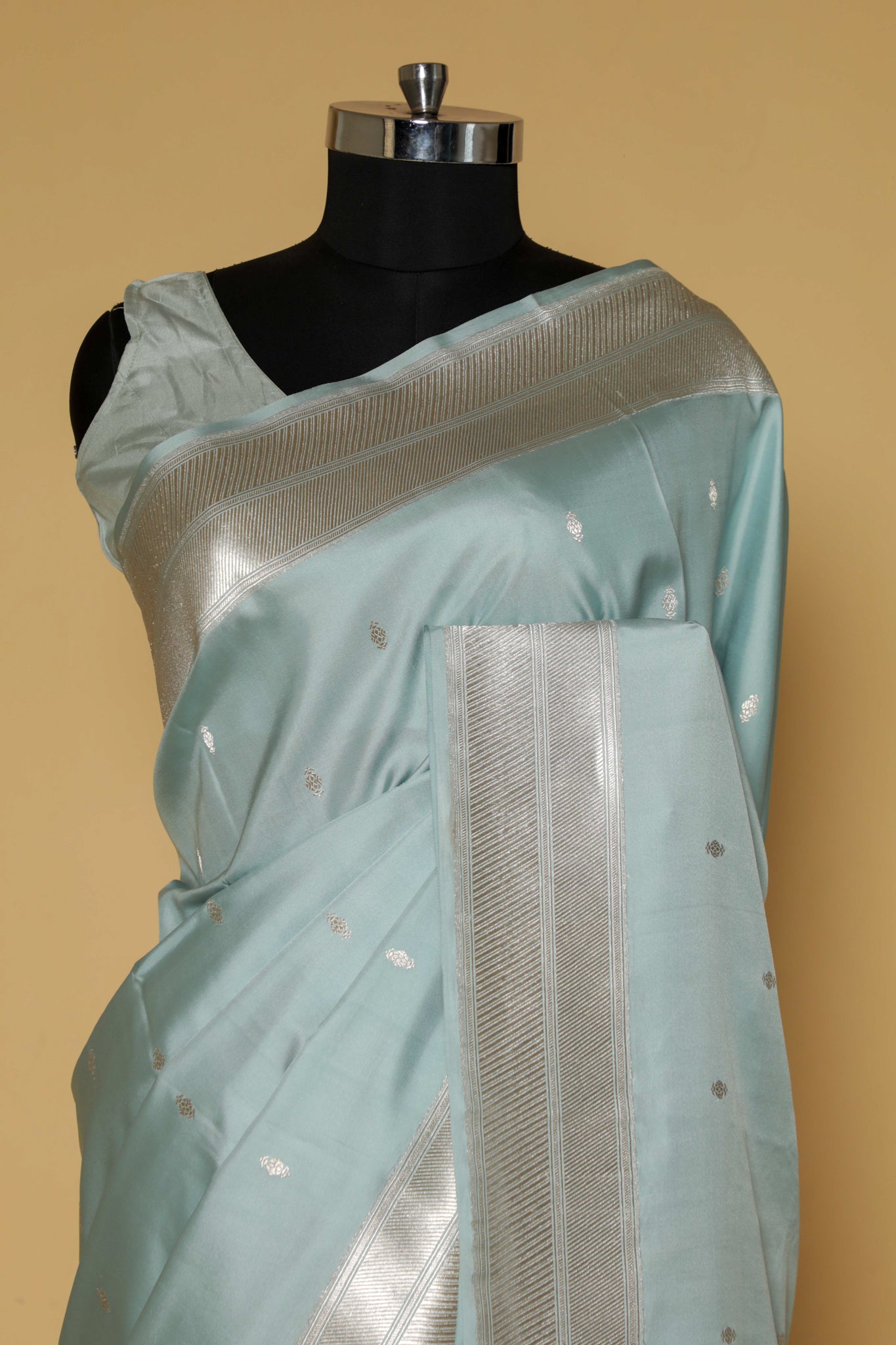 Light Blue Banarasi Mushroom Silk Saree with Silver Motifs & Silver Zari Border