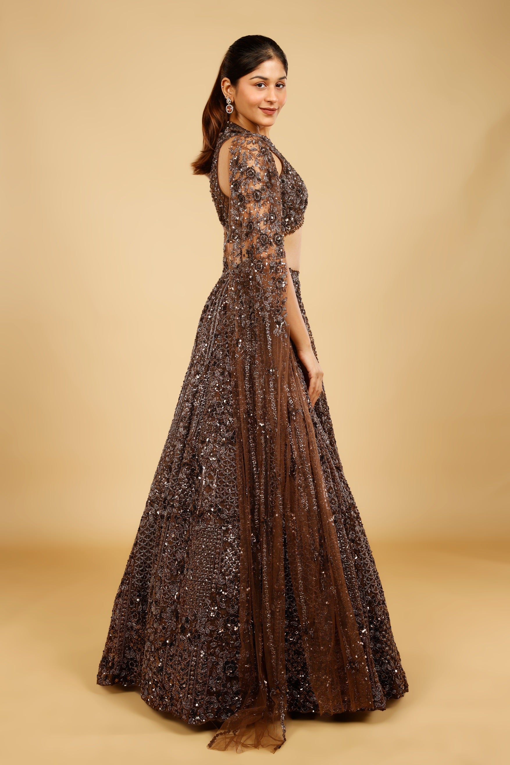 Brown Net Lehenga Set with Sequin, Kutdana & Pearl Embroidery