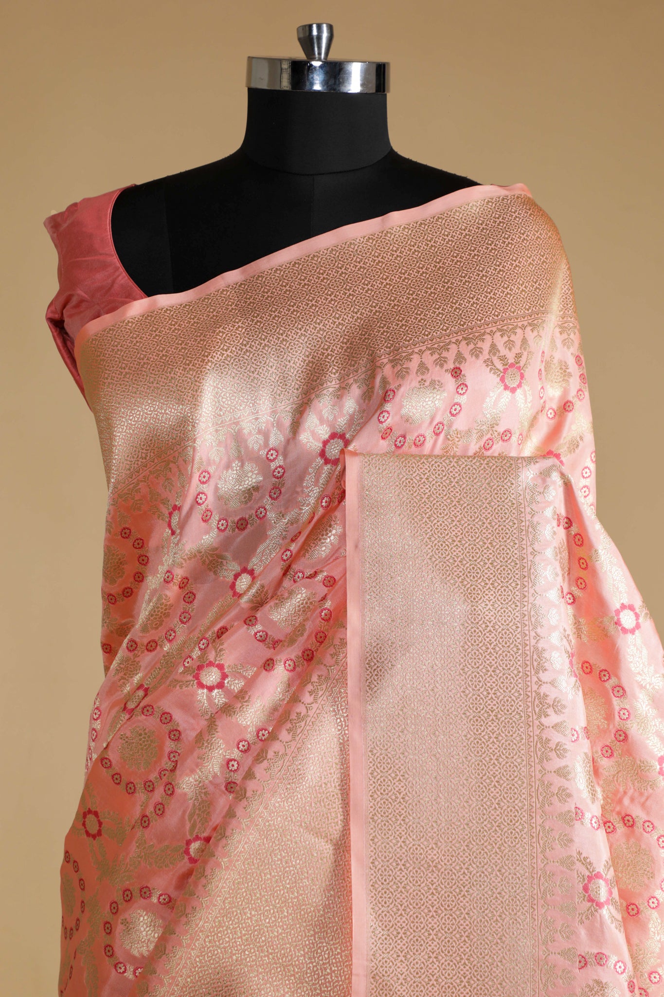Peach Banarasi Silk Saree with All-Over Zari & Thread Weaving