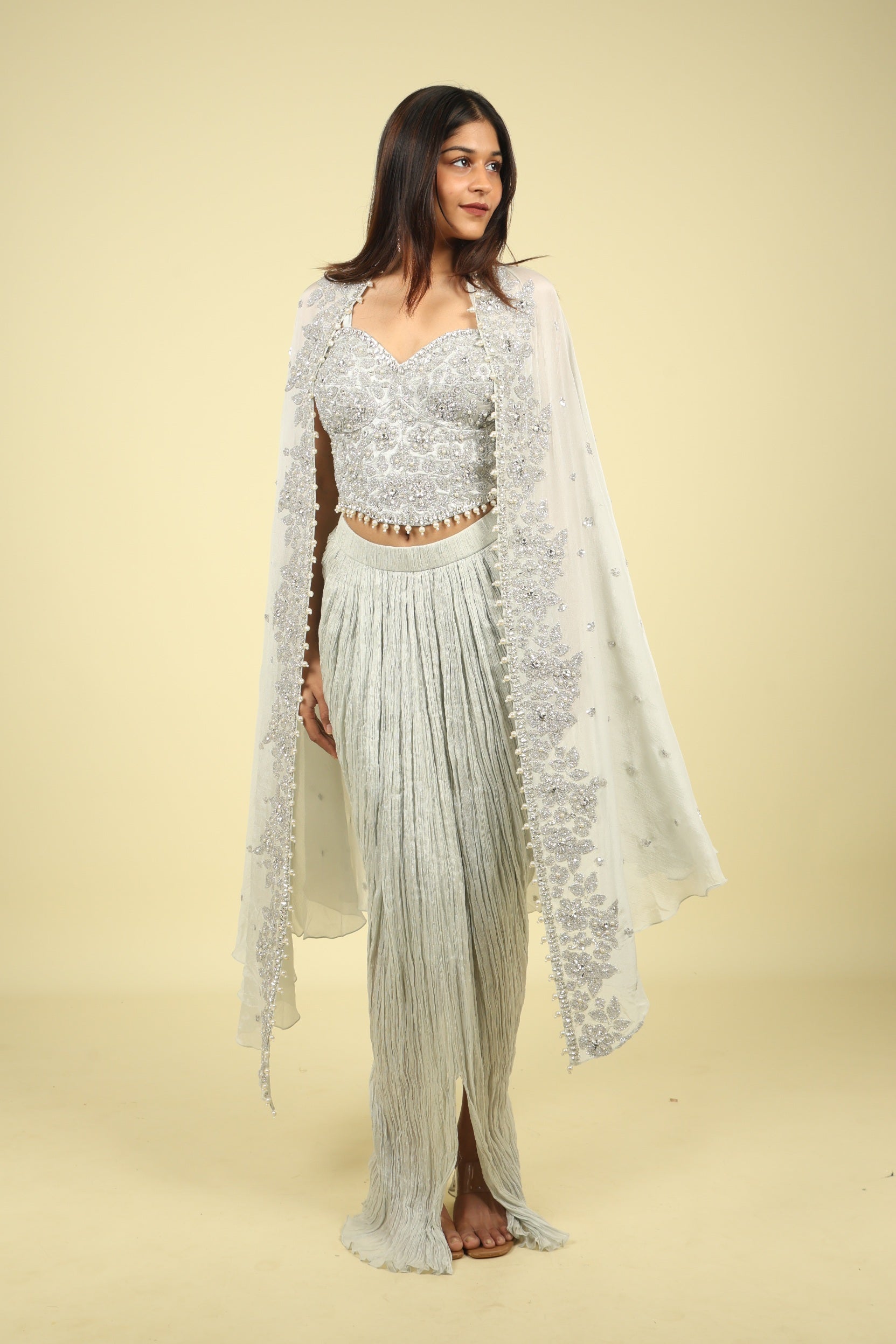 Grey Chinon Corset Skirt Set with Sequin, Cutdana & Stone Embroidery - Mokshaa