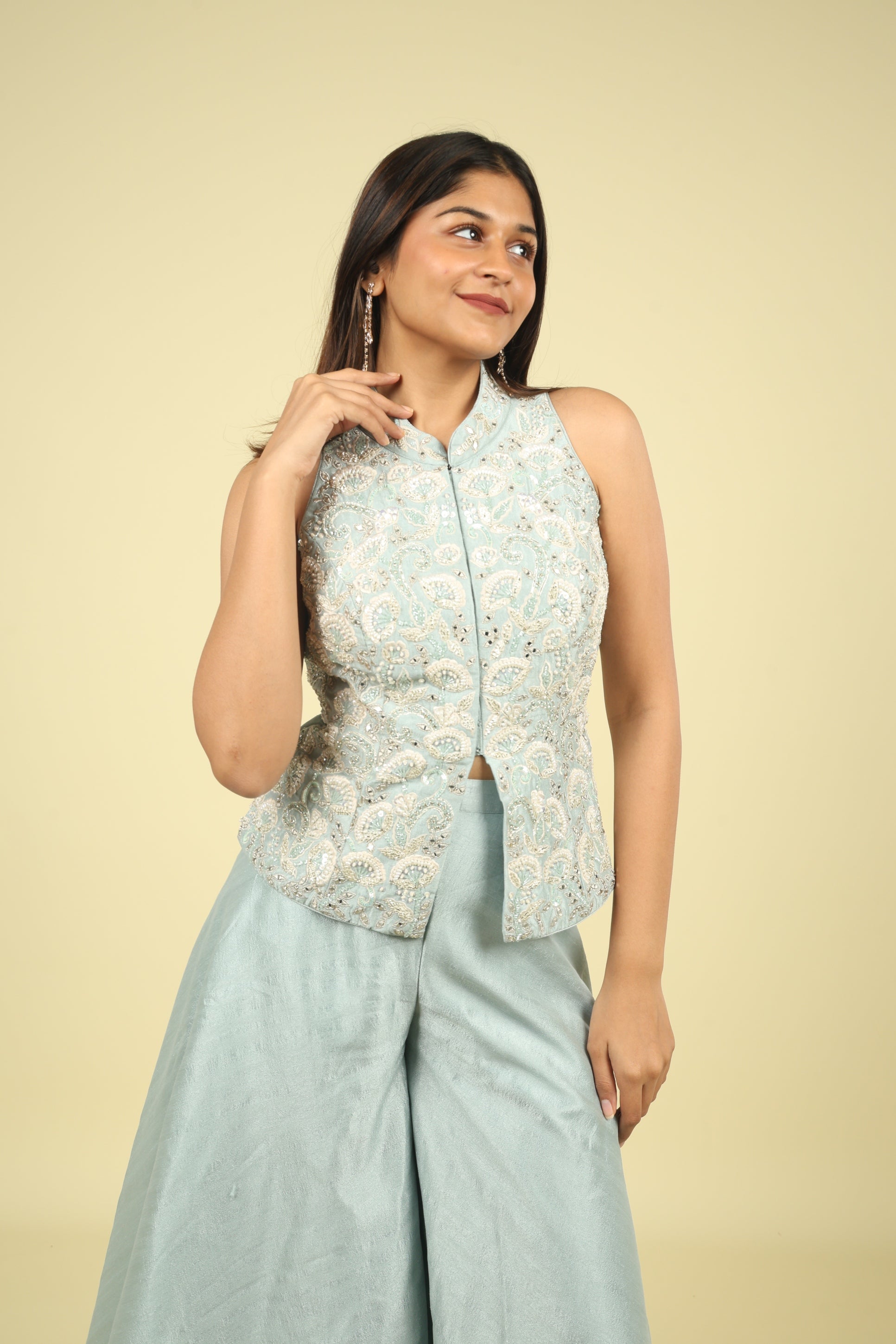 Blue Embroidered Silk Top With Palazzo