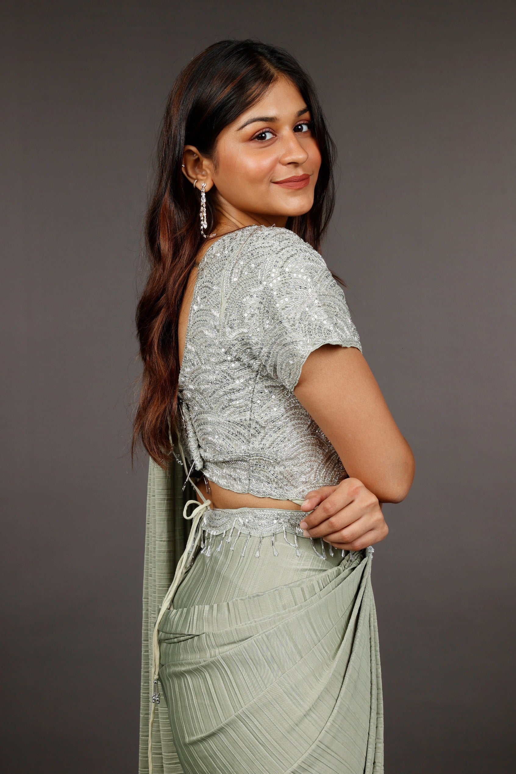 Light Green Lycra Drape Saree with Sequin & Cutdana Embroidered Blouse