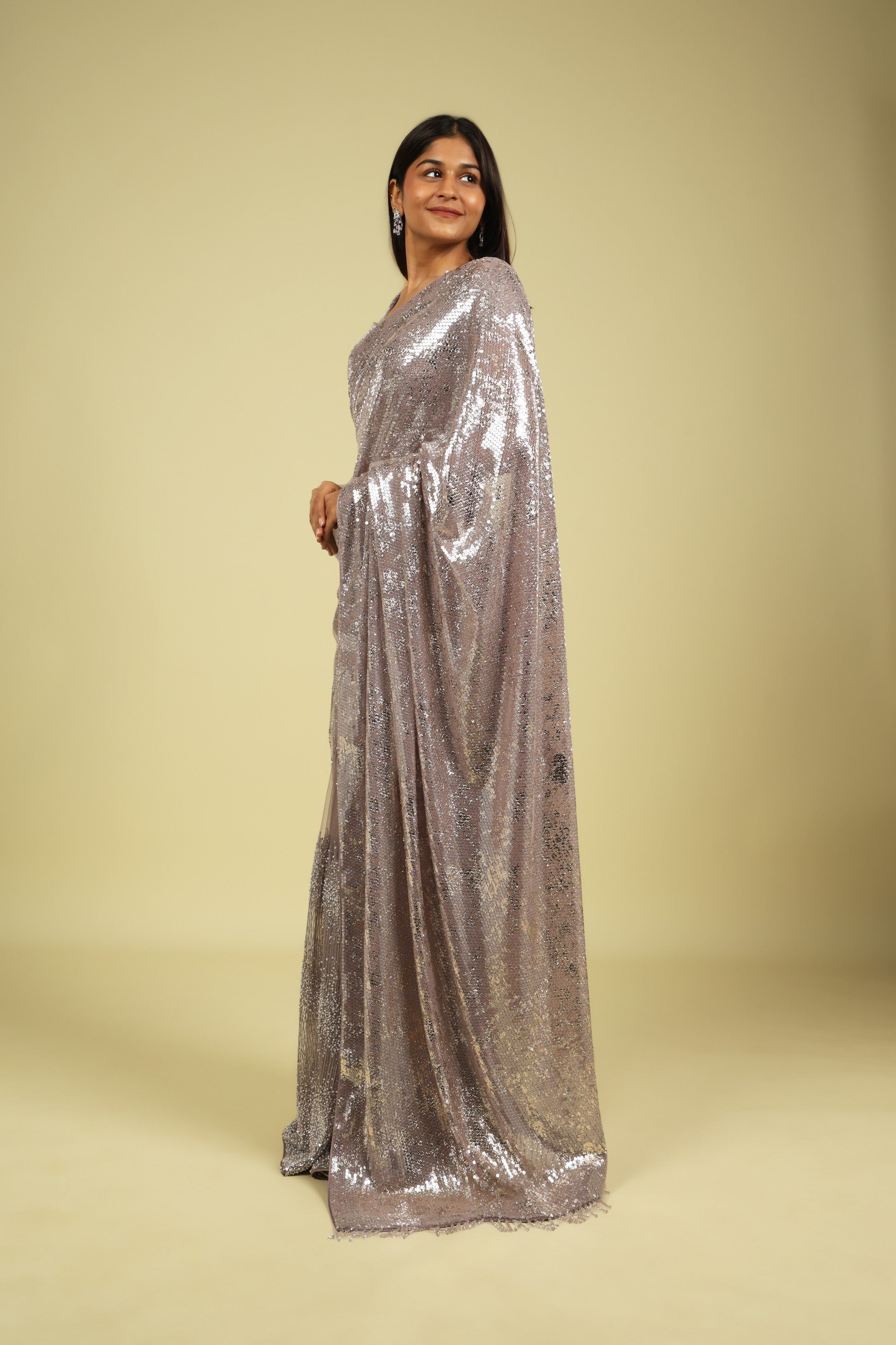 Lavender Half-and-Half Georgette & Net Saree with Sequin, Bead & Pearl Work