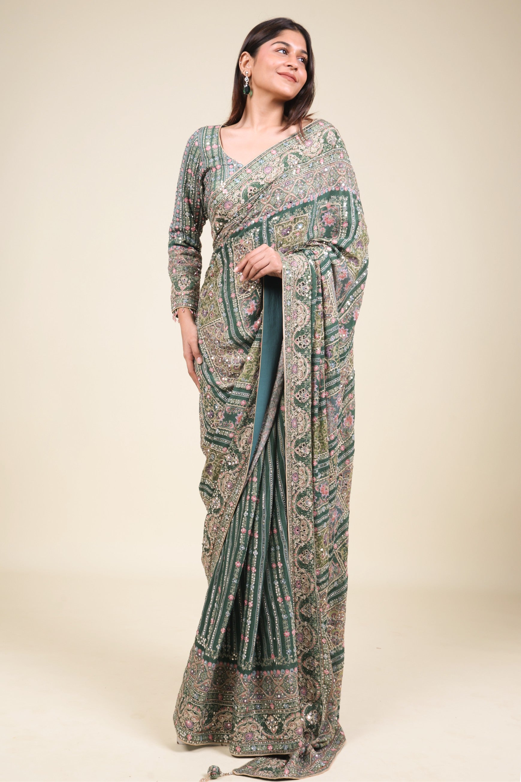 Emerald Green Soft Georgette Saree with Digital Print, Sequin & Mirror Highlights