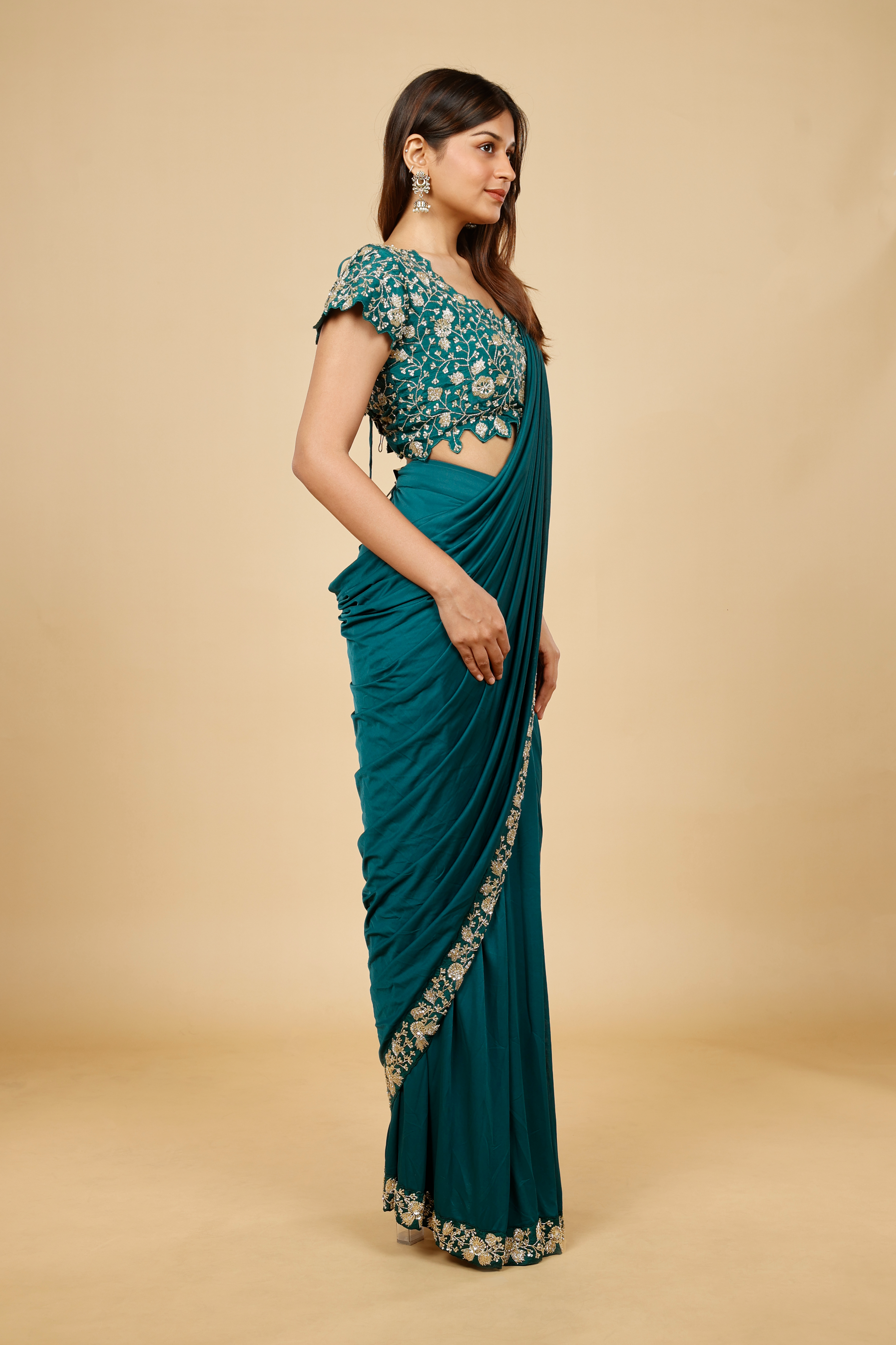 Emerald Green Lycra Silk Drape Saree with Kutdana Embroidery