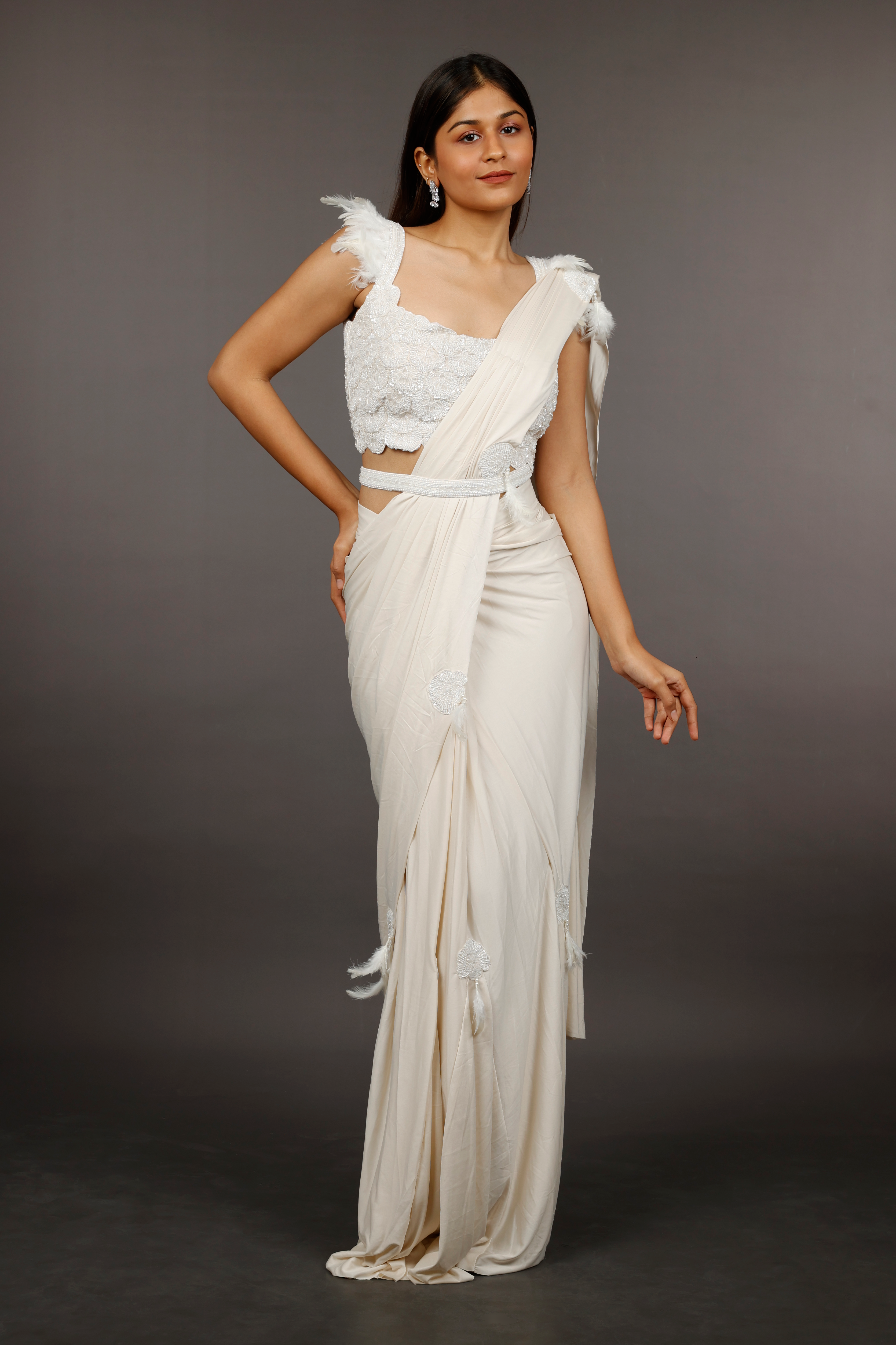 Ivory Lycra Silk Drape Saree with Feather and Pearl Embroidery