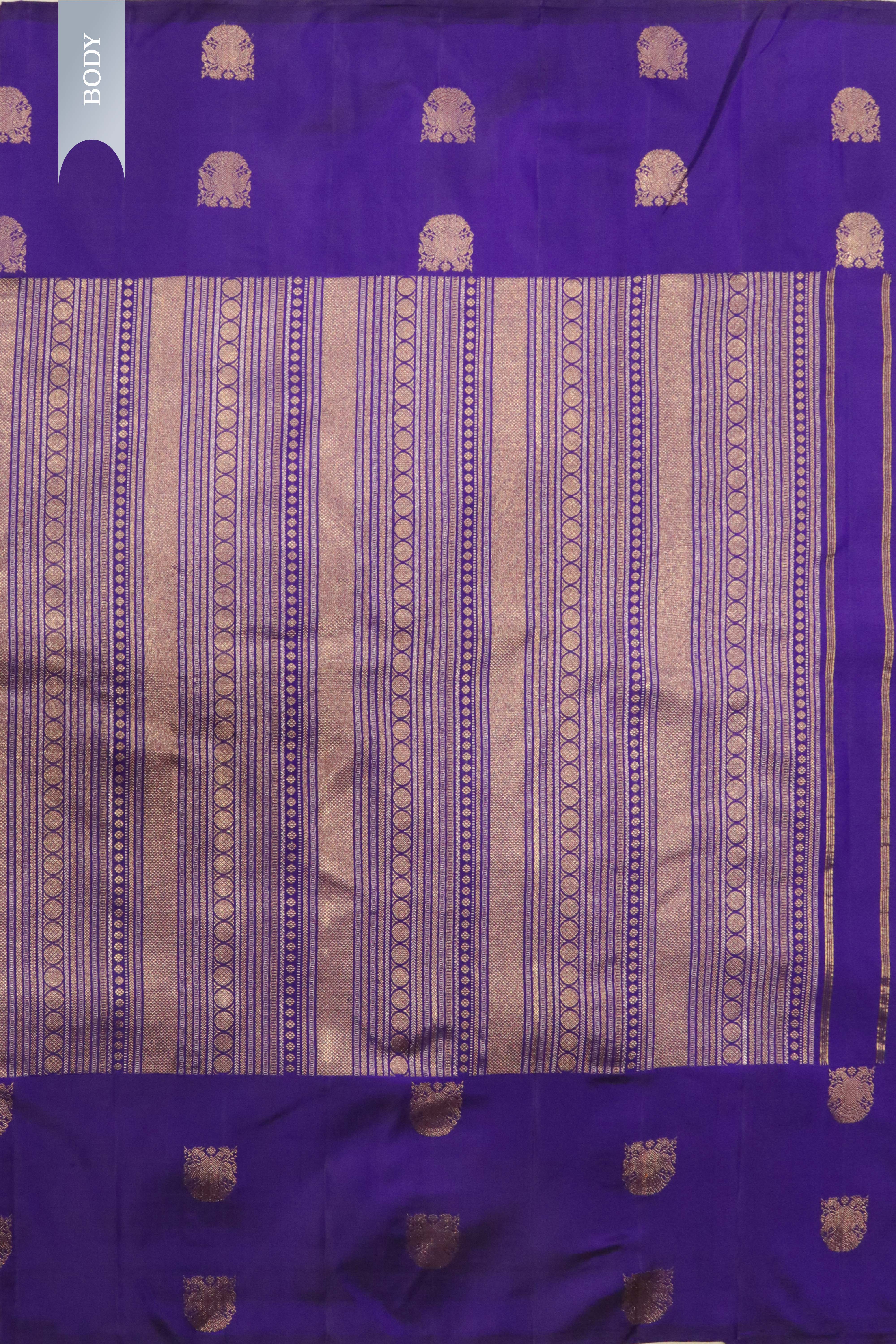 Blue Kanchipuram Silk Saree with Gold & Silver Geometrical Weaving and Zari Motif Border