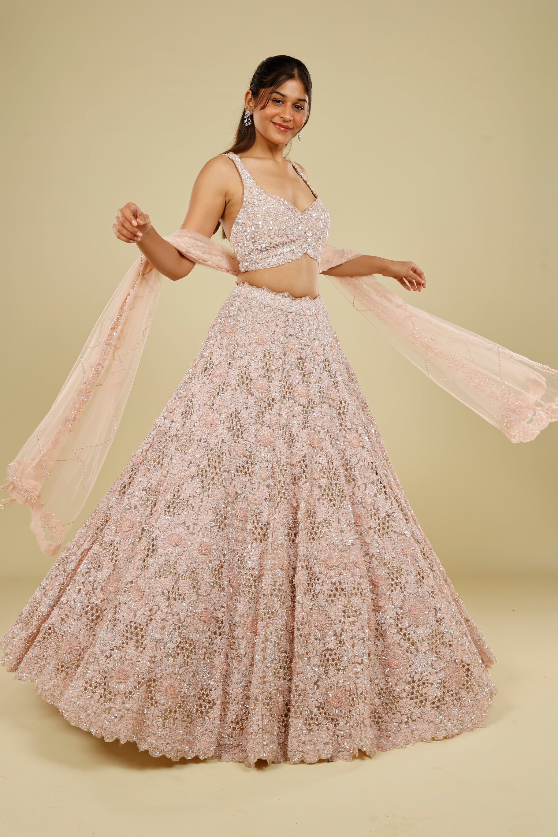 Blush Pink Net Cutwork Lehenga Set with Sequin, Stone & Pearl Embroidery
