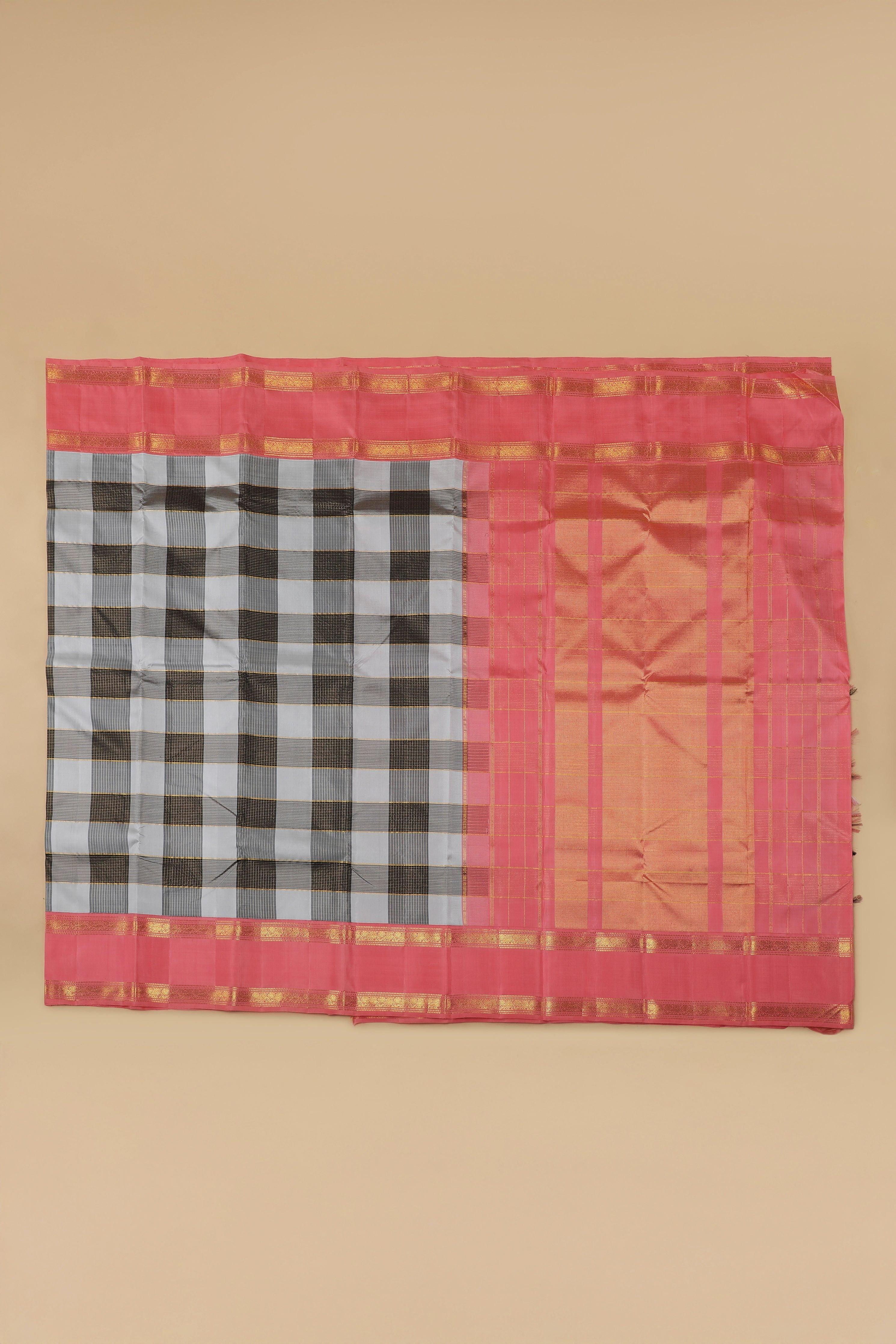 Checked Kanchipuram Silk Saree With Pink Border Mokshaa