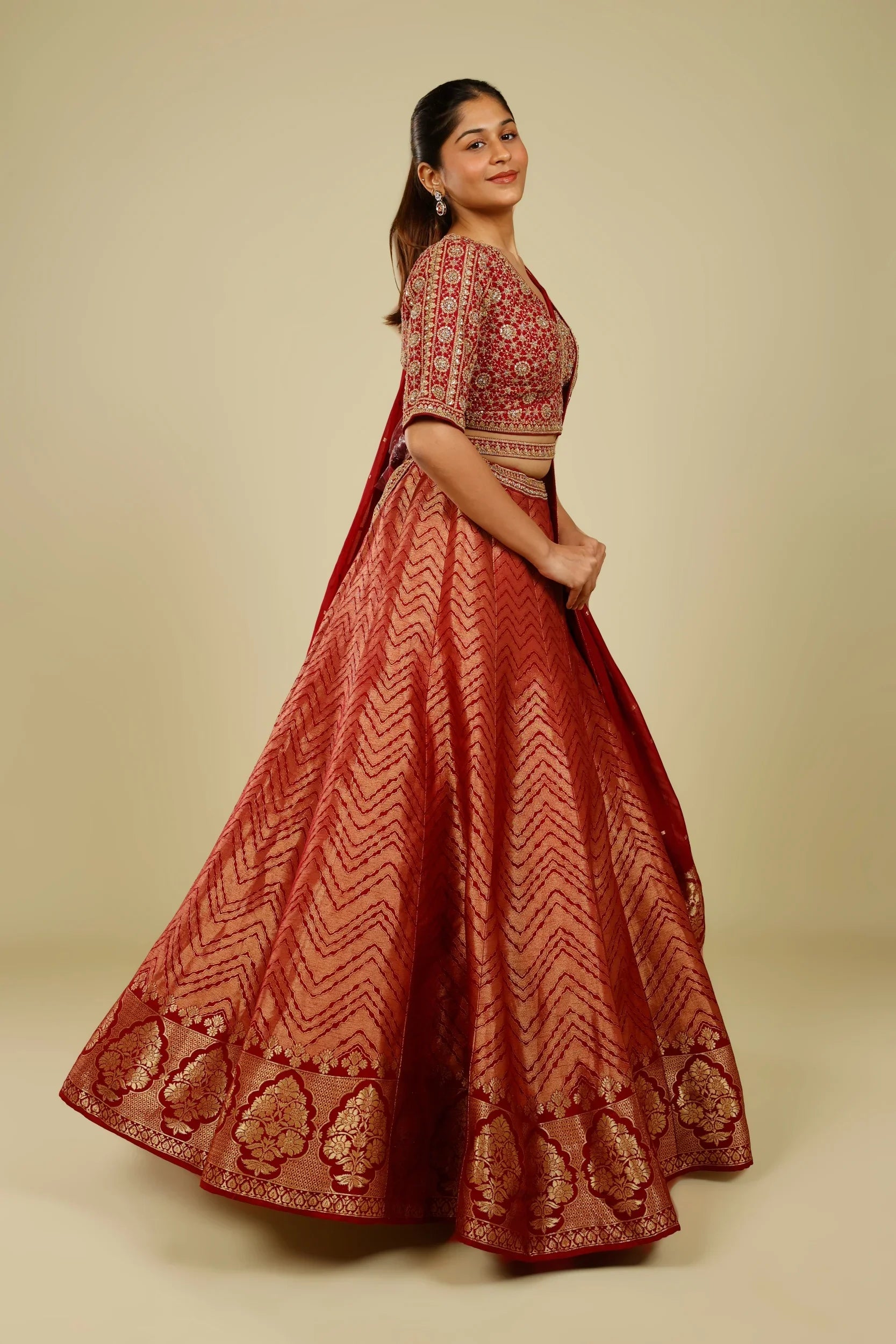 Maroon Banarasi Lehenga Set with Zari, French Knot & Cutdana Embroidery | Mokshaa