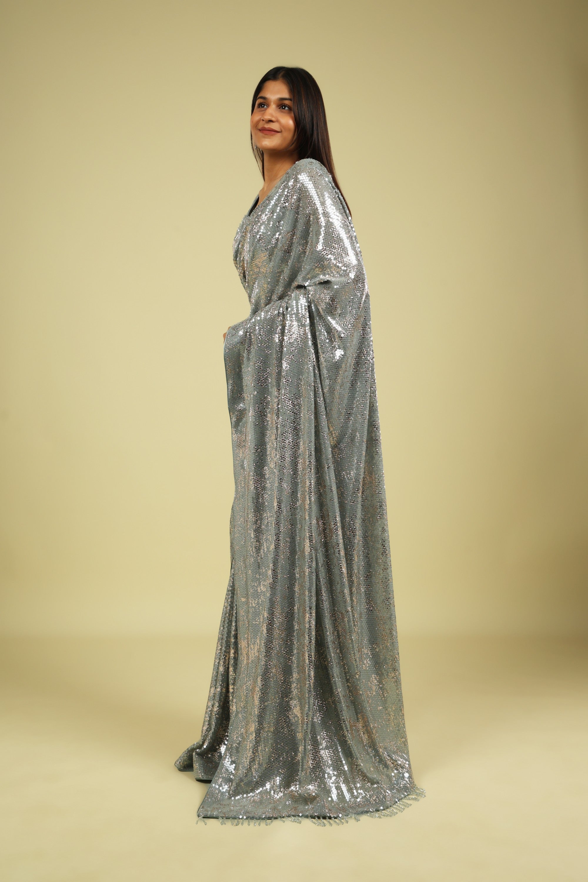 Ice Blue Net Saree with All-Over Sequin Work