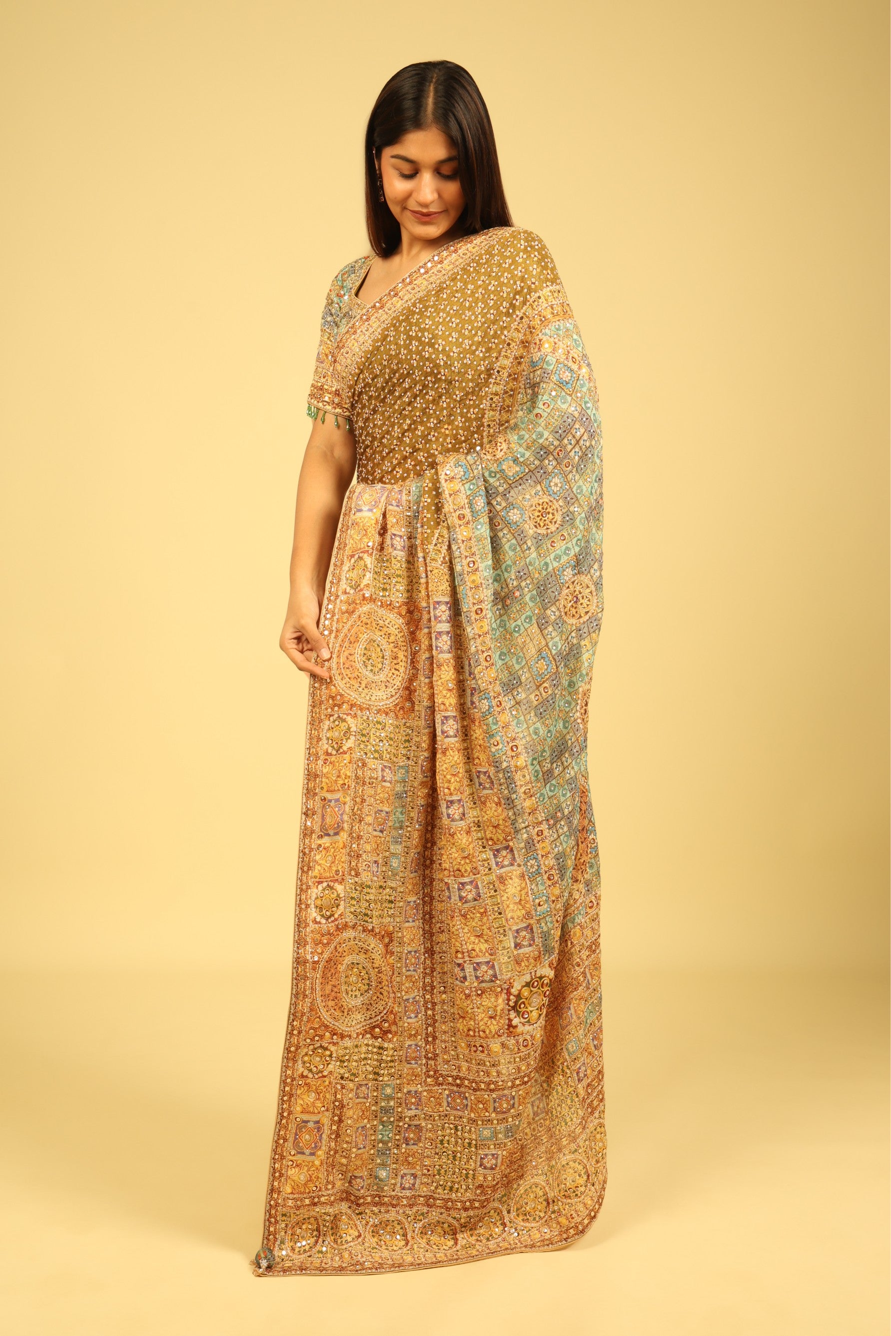 Dusty Green Soft Georgette Saree with Multicolour Digital Print, Sequin & Mirror Highlights