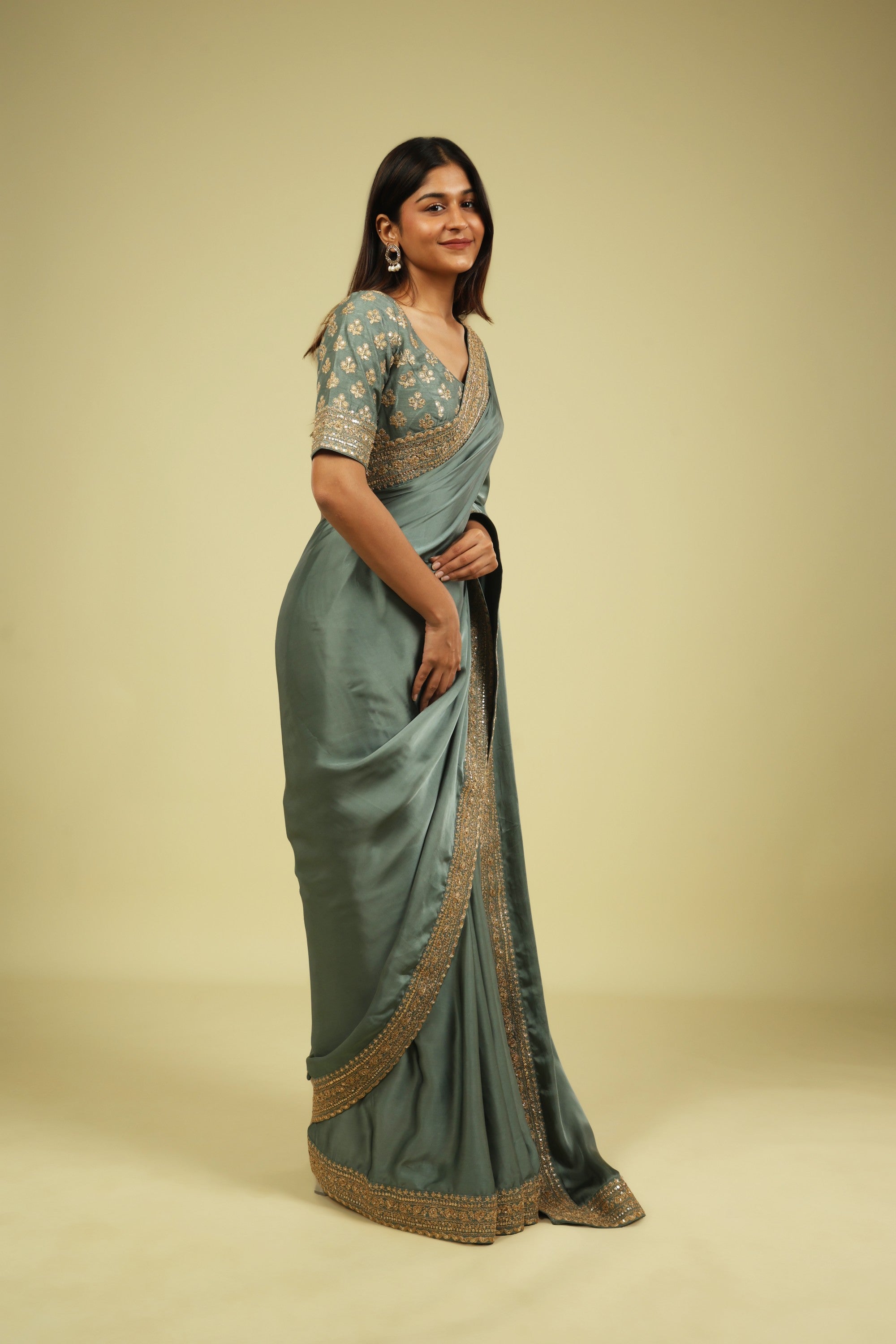 Powder Blue Satin Saree with Zari Thread Border & Zari Motif Blouse