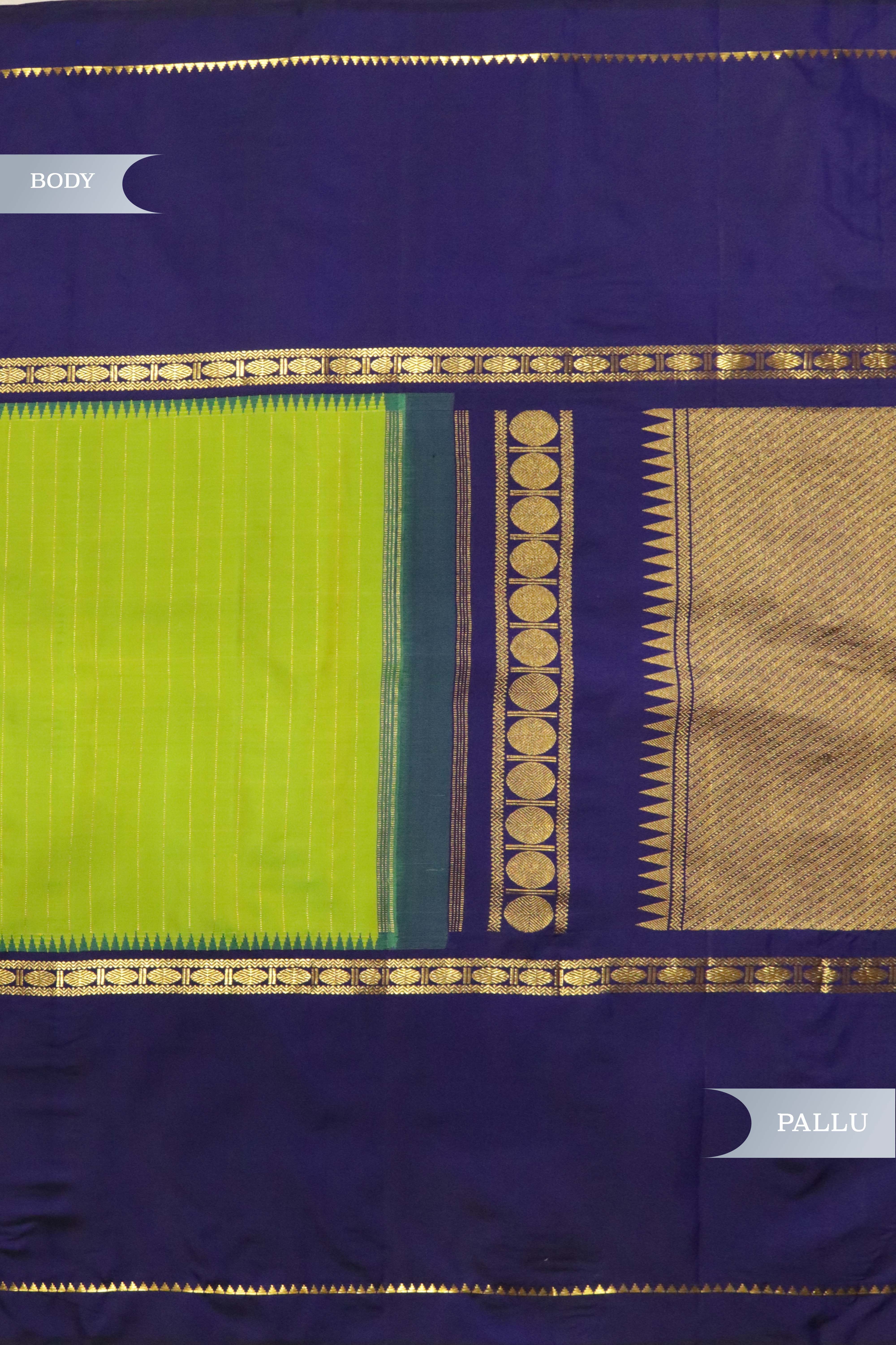Green & Blue Kanchipuram Silk Saree with Vertical Zari Lines & Rudraksha Border