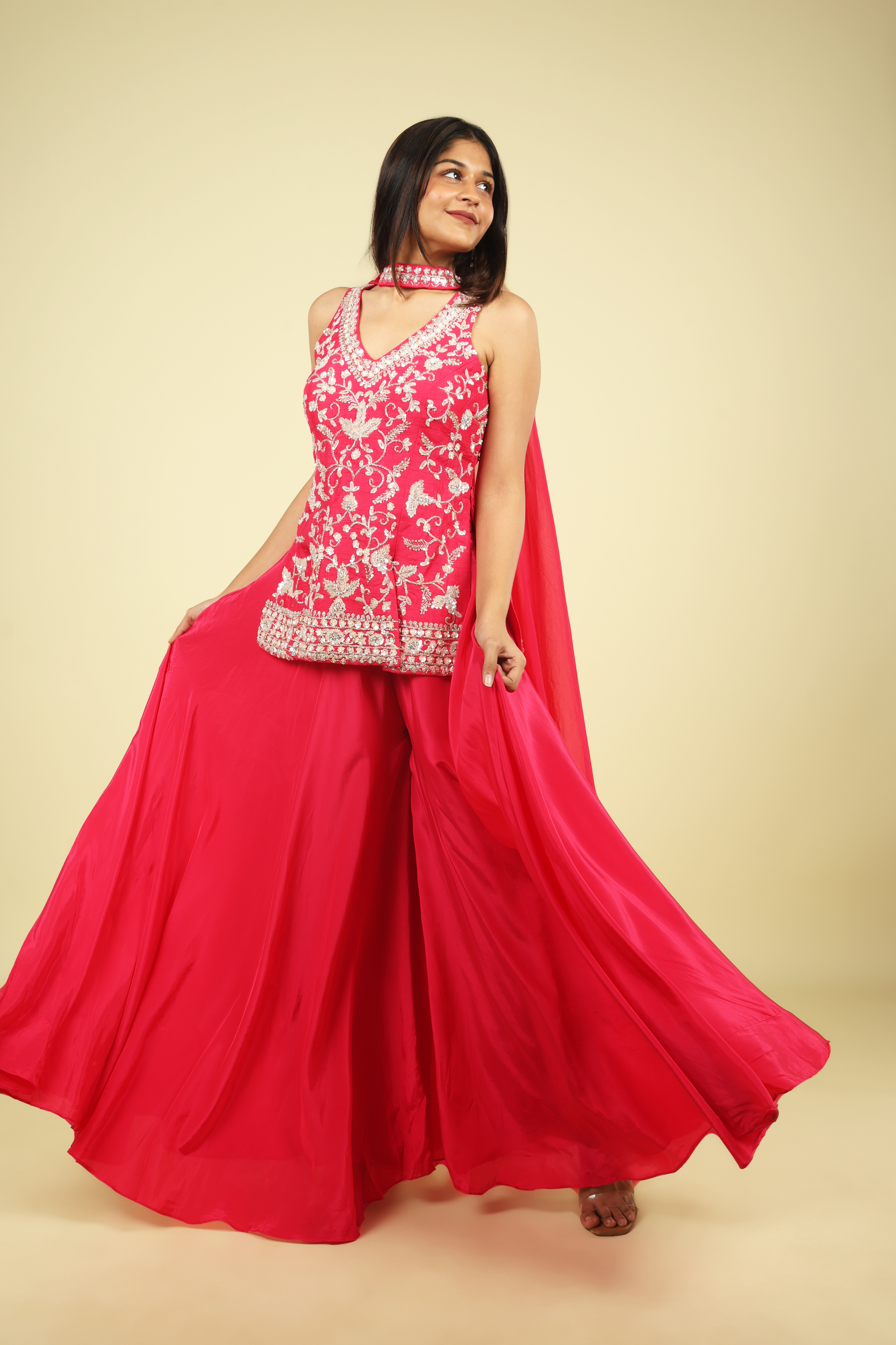 Pink Silk Palazzo Set with Embroidered Top & Organza Choker Dupatta