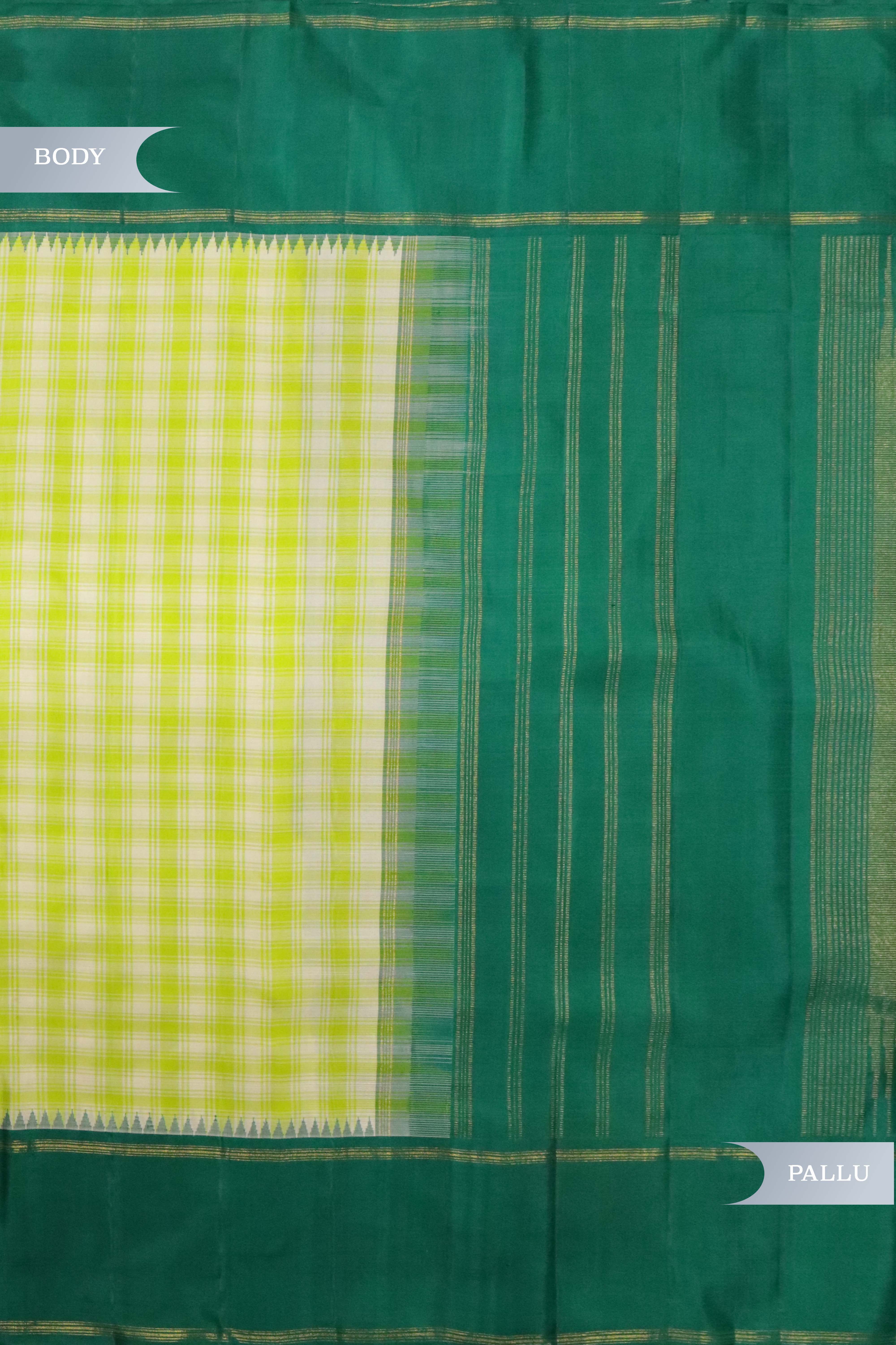 Green Kanchipuram Silk Saree with All-Over Checks & Contrast Silk Border