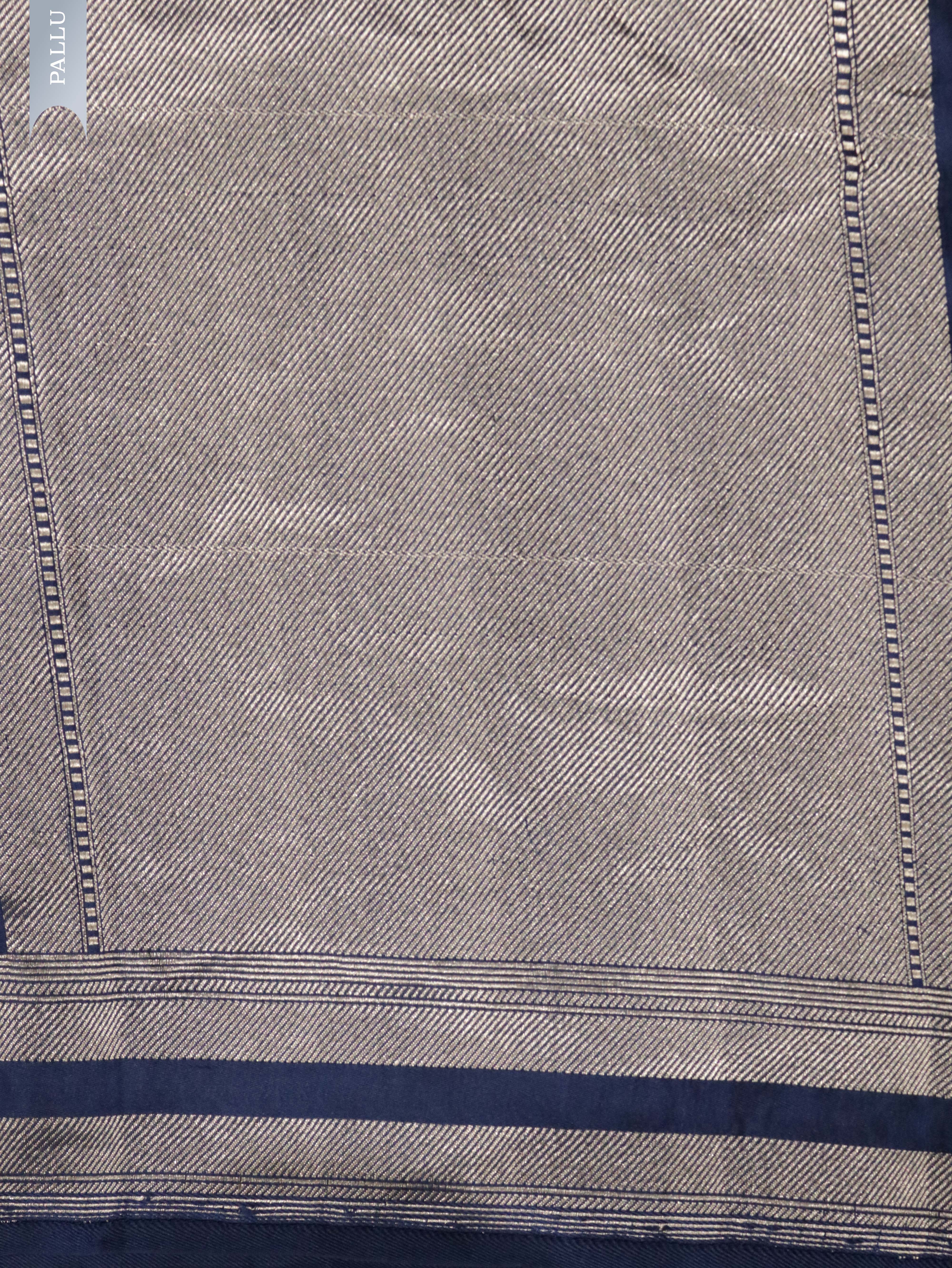 Indigo Blue Banarasi Mushroom Silk Saree with Silver Zari Geometric Jaal & Zari Border