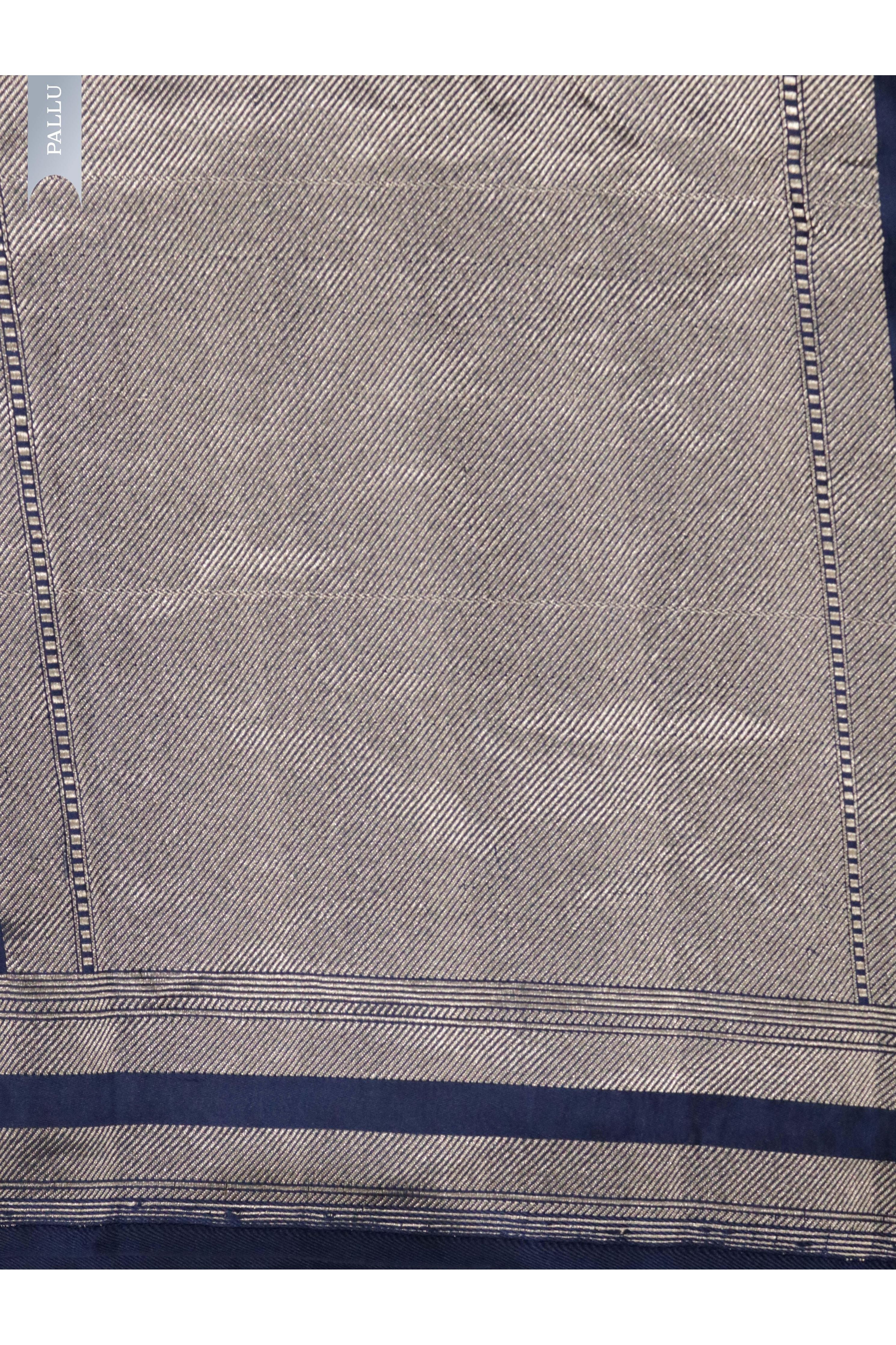 Indigo Blue Banarasi Mushroom Silk Saree with Silver Zari Geometric Jaal & Zari Border - Mokshaa