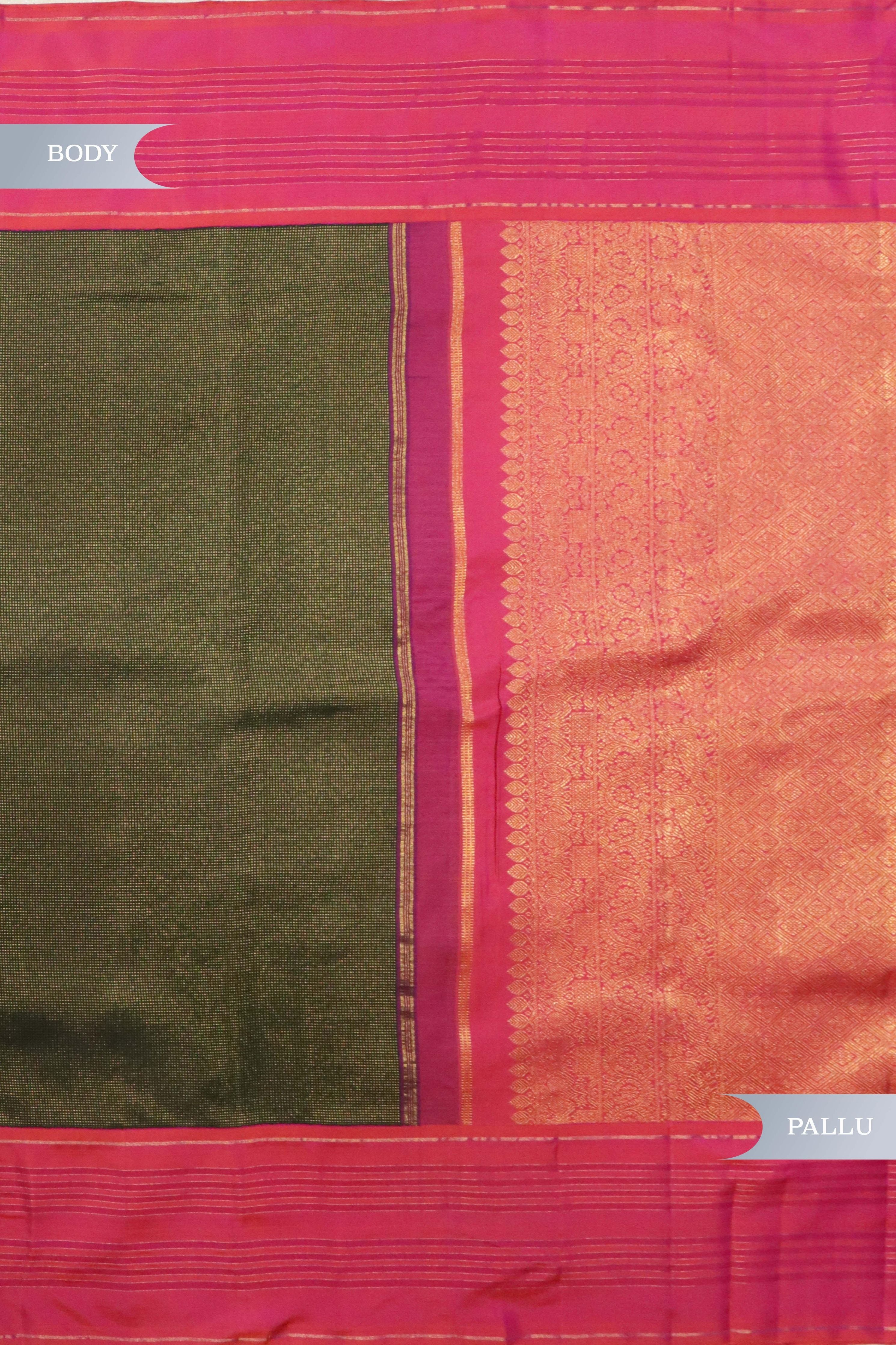 Bottle Green Kanchipuram Silk Saree with Self Zari Chattai Weaving and Contrast Pink Border - Mokshaa