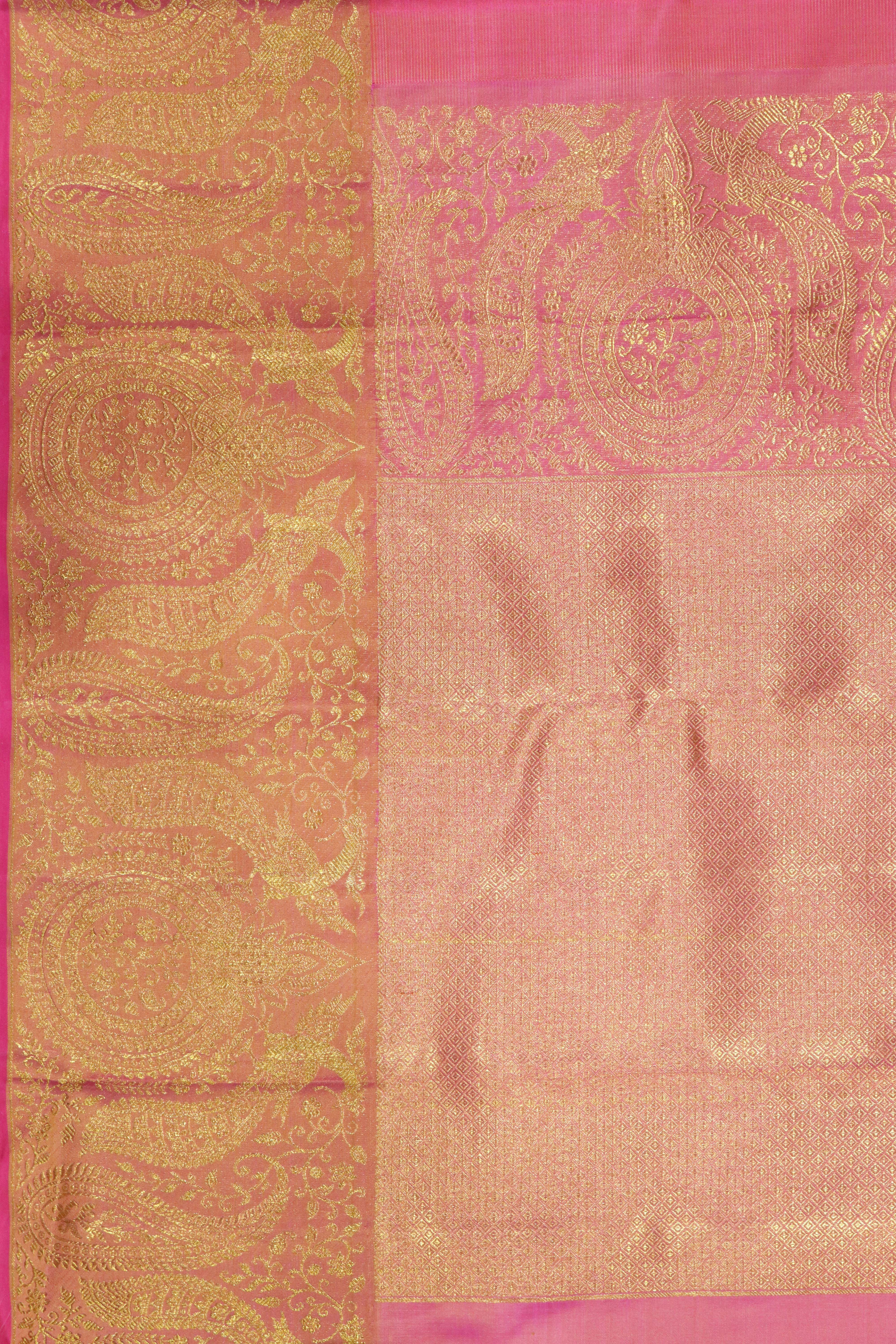 Shaded Pink Kanchipuram Silk Saree with Peacock & Elephant Motifs and Fancy Border