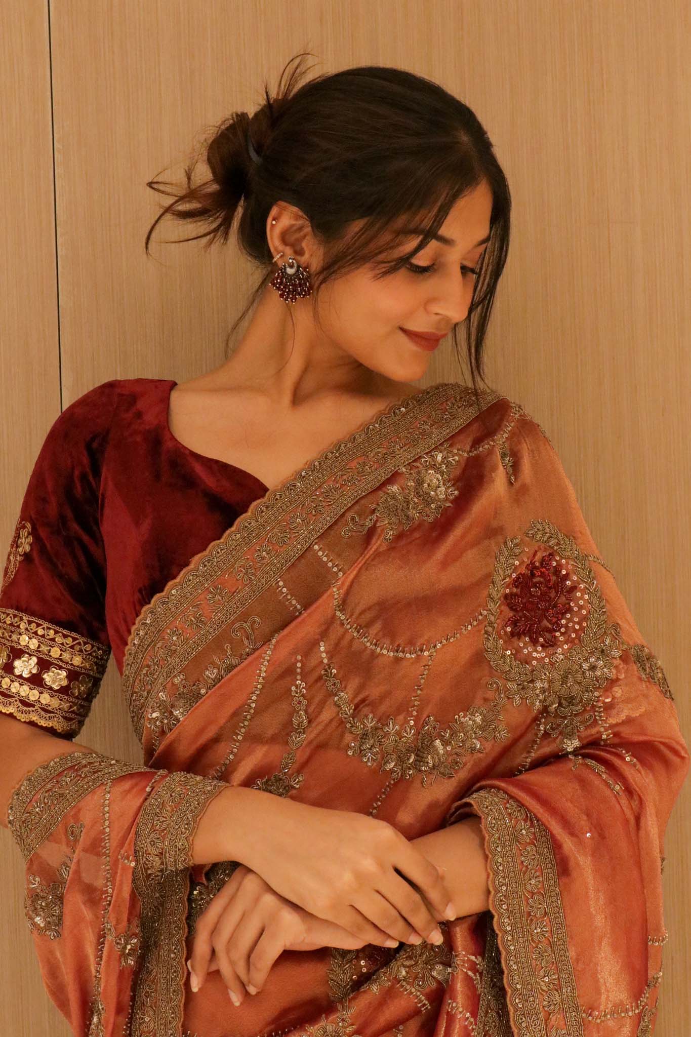 Rust Orange Tissue Saree with Antique Zardosi & Bead Work