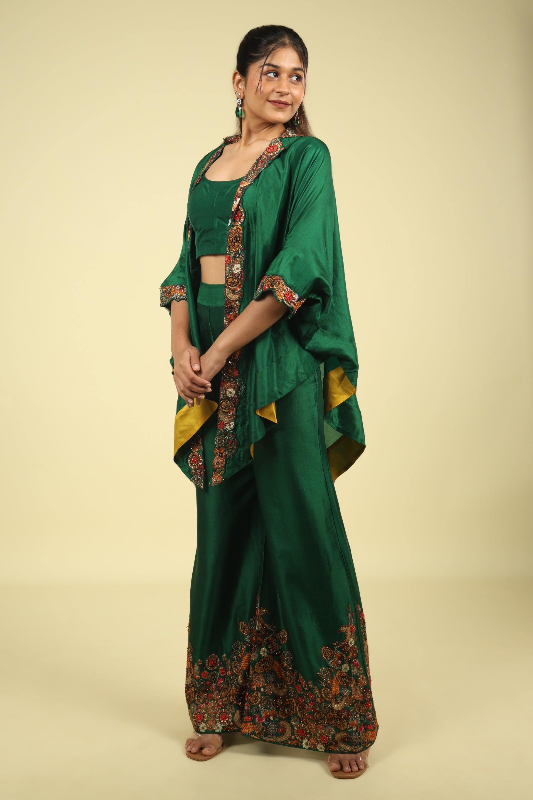 Green Silk Co-Ord Set with Placement Print & Metallic Embroidery