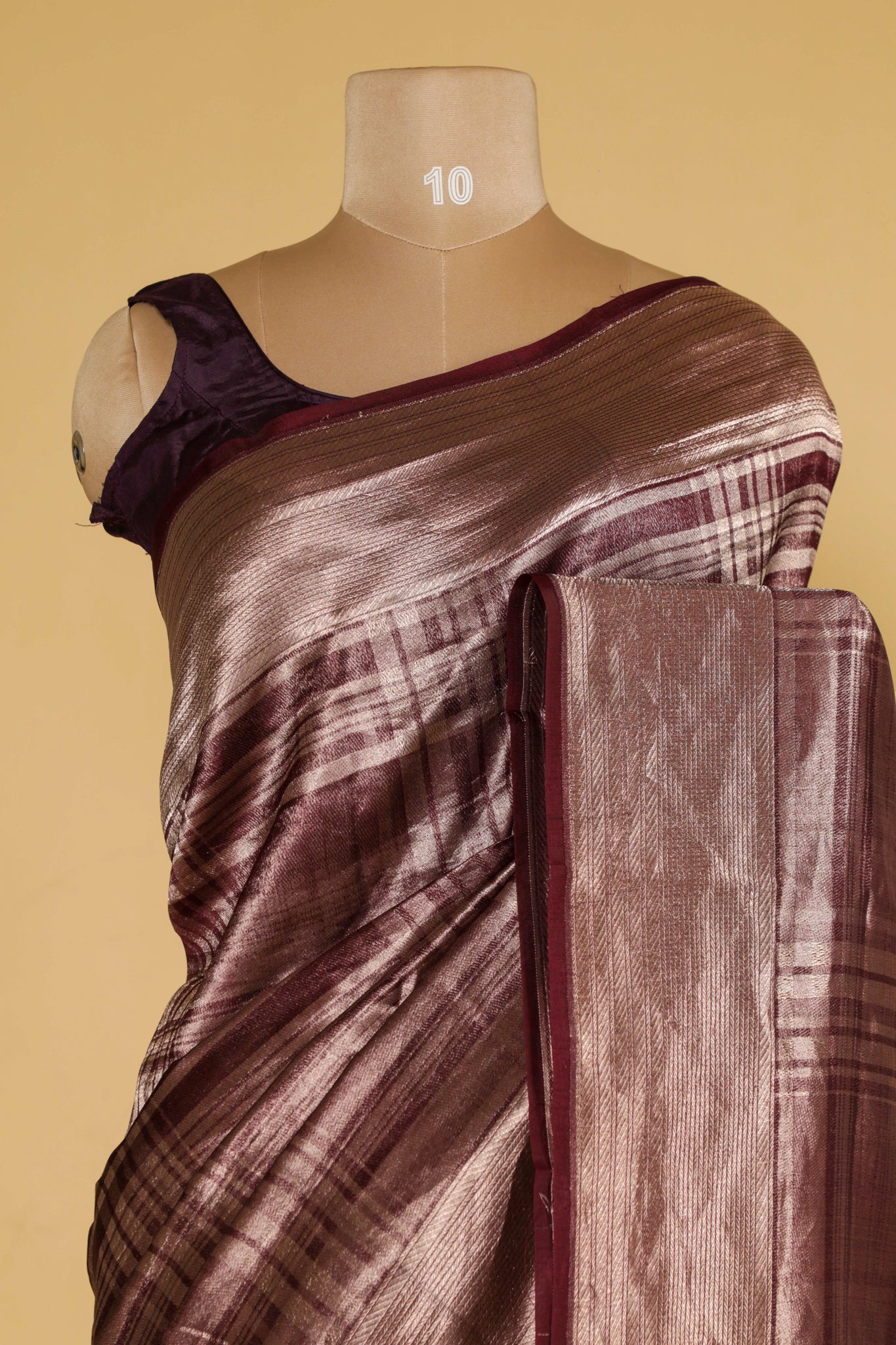 "Wine Banarasi Kora Silk Saree with Self Zari Checks & Zari Border** "
