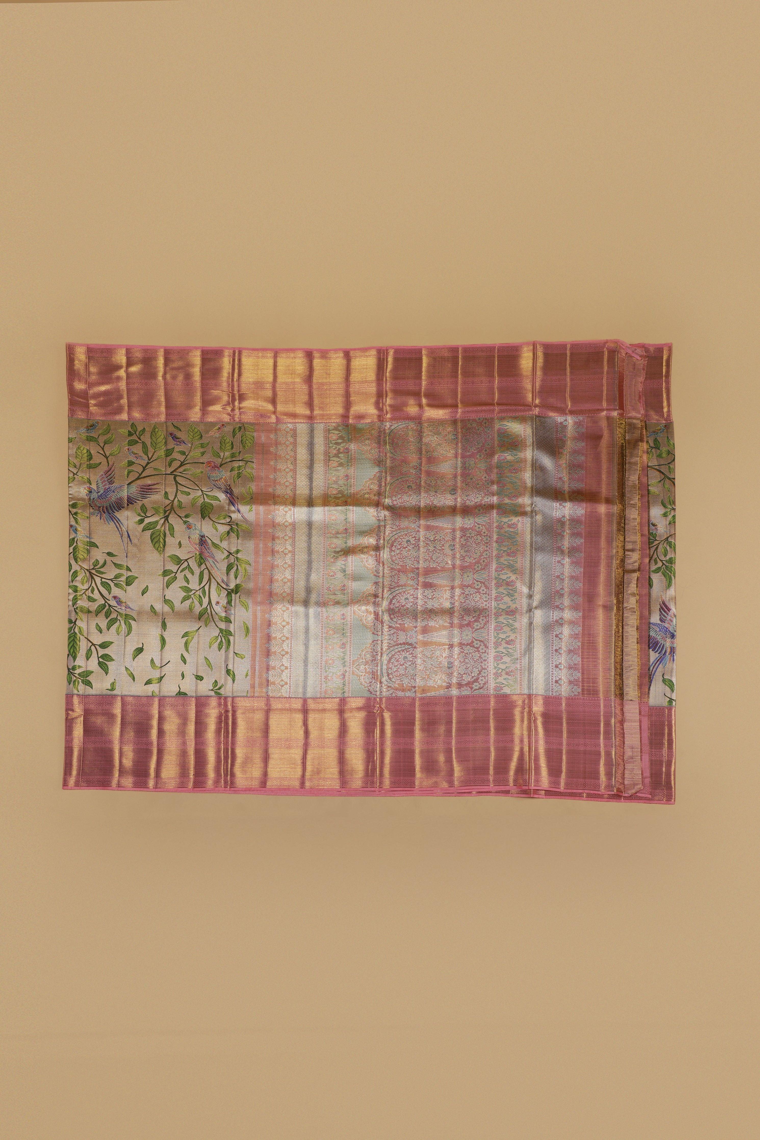 Gold Tissue Silk Saree with Meenakari Bird Weave and Peach Tissue Border  Mokshaa