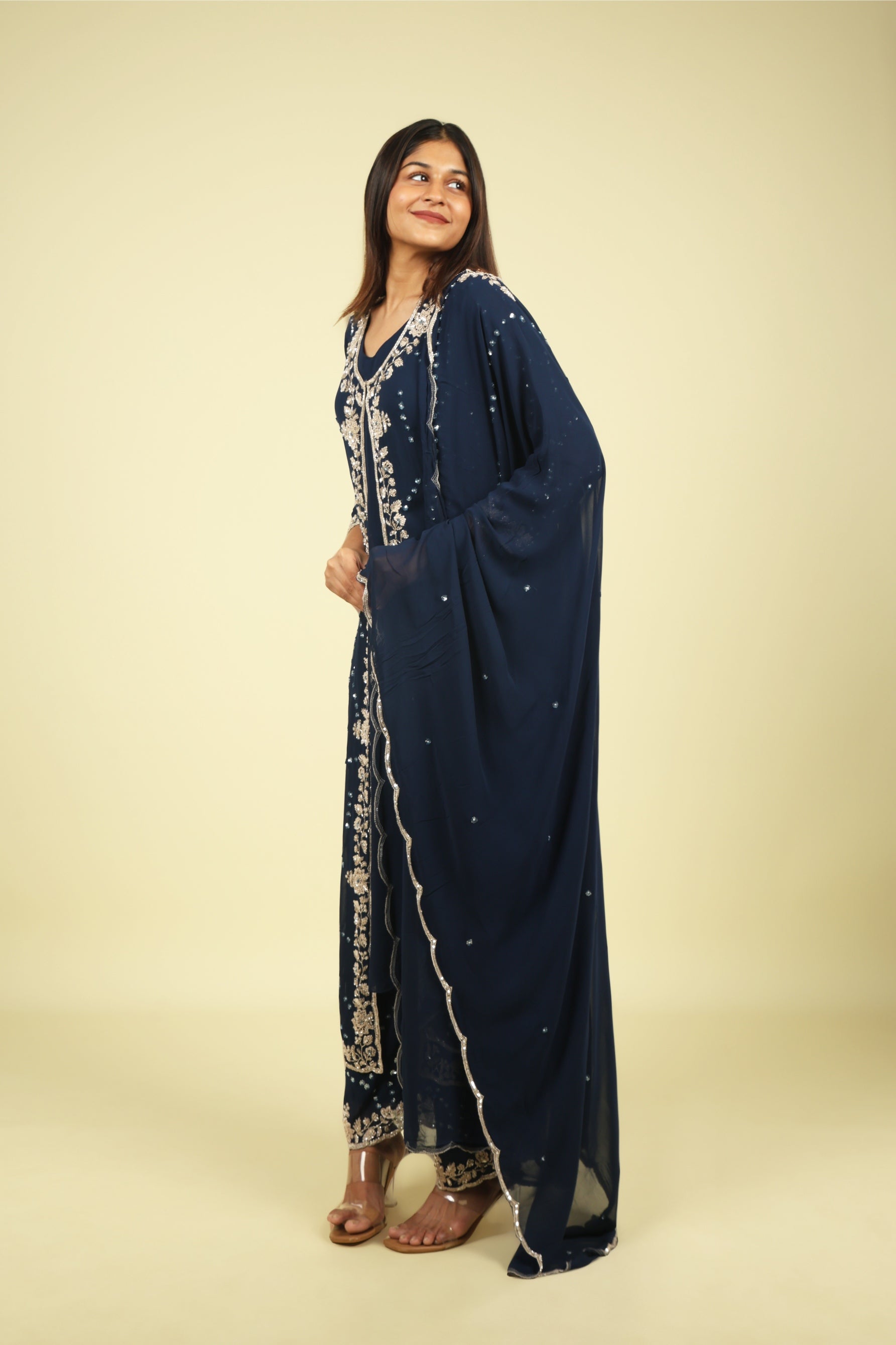 Navy Blue Georgette Anarkali Set with Cape & Dupatta