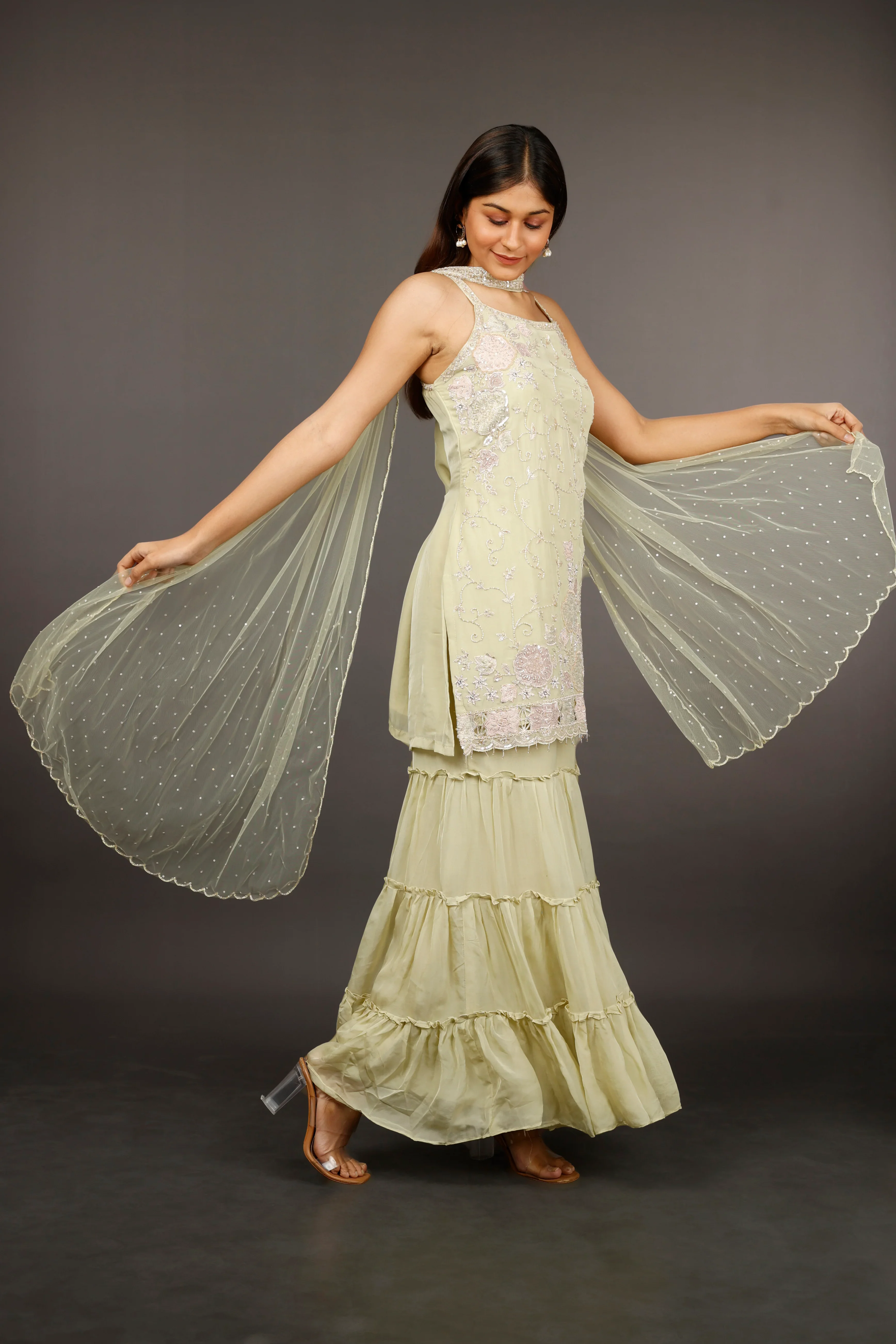 Light Green Georgette Sharara Set with Shadow, Zari, Pearl, Cutdana & Sequin Embroidery - Mokshaa
