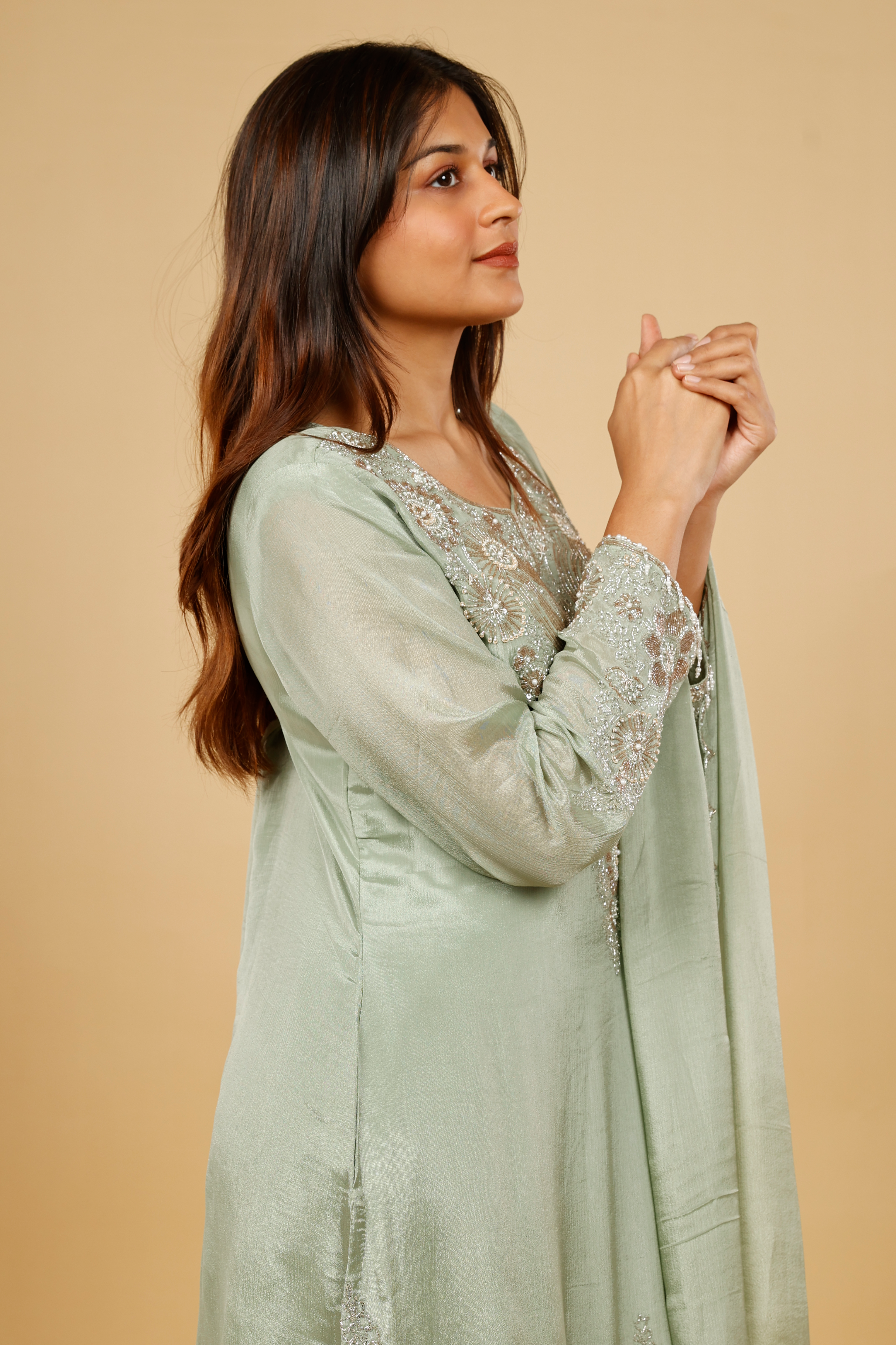 Mint Green Chinon Silk Sharara Set with Kutdana & Pearl Embroidery